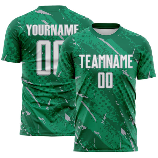 Custom Kelly Green White-Gray Brush Stroke Slashes And Dot Grid Sublimation Soccer Uniform Jersey - Main View