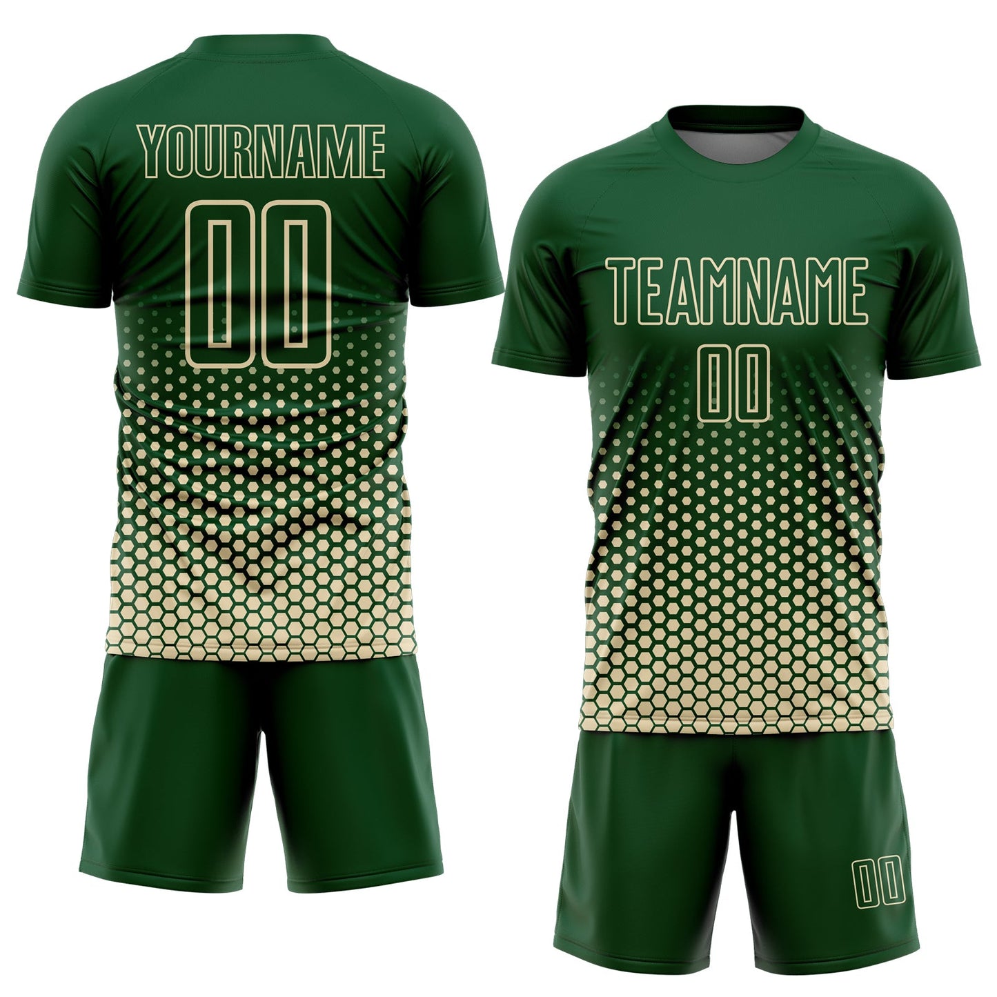 Custom Green-Cream Geometric Hexagonal Dot Gradient Sublimation Soccer Uniform Jersey view 2