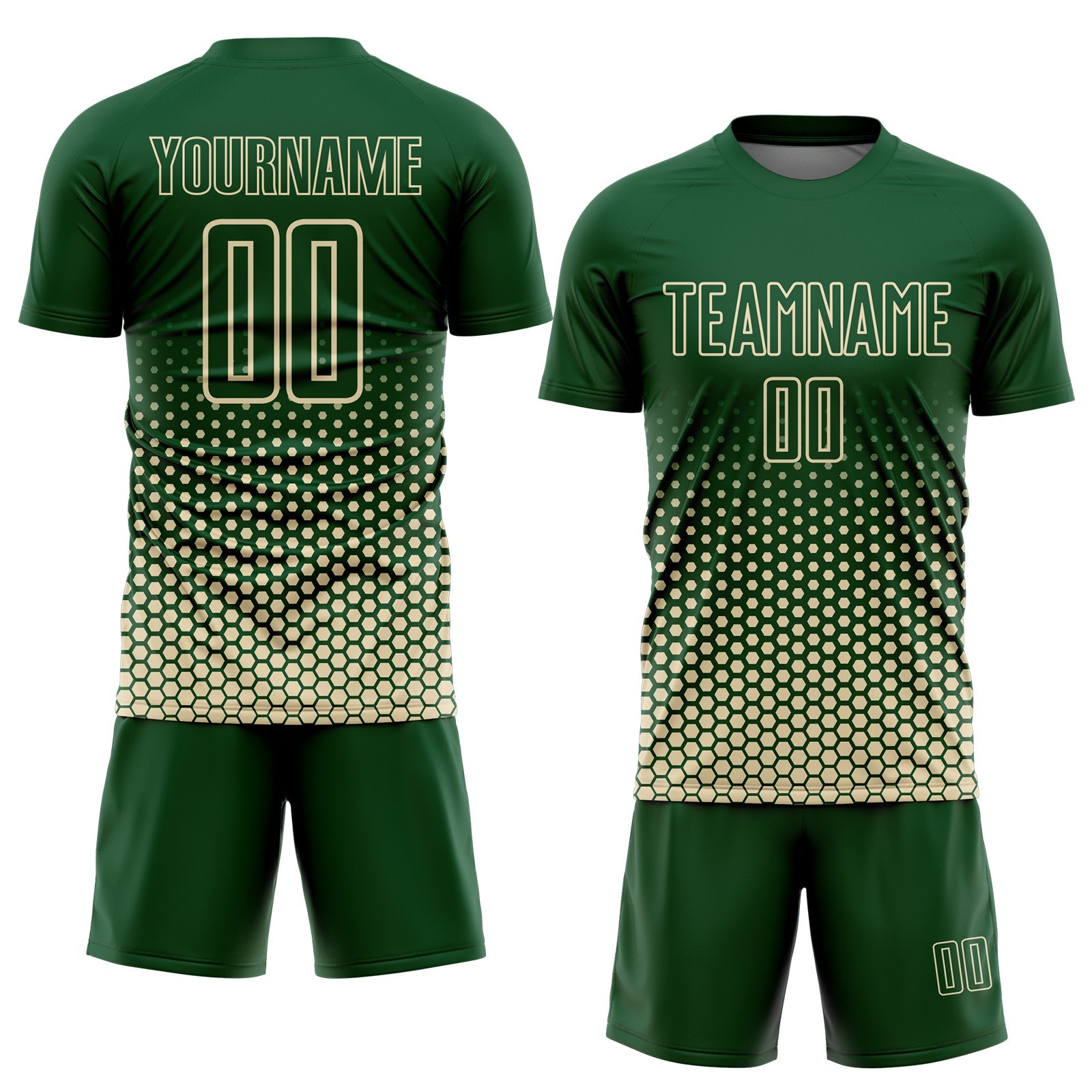 Custom Green-Cream Geometric Hexagonal Dot Gradient Sublimation Soccer Uniform Jersey view 2