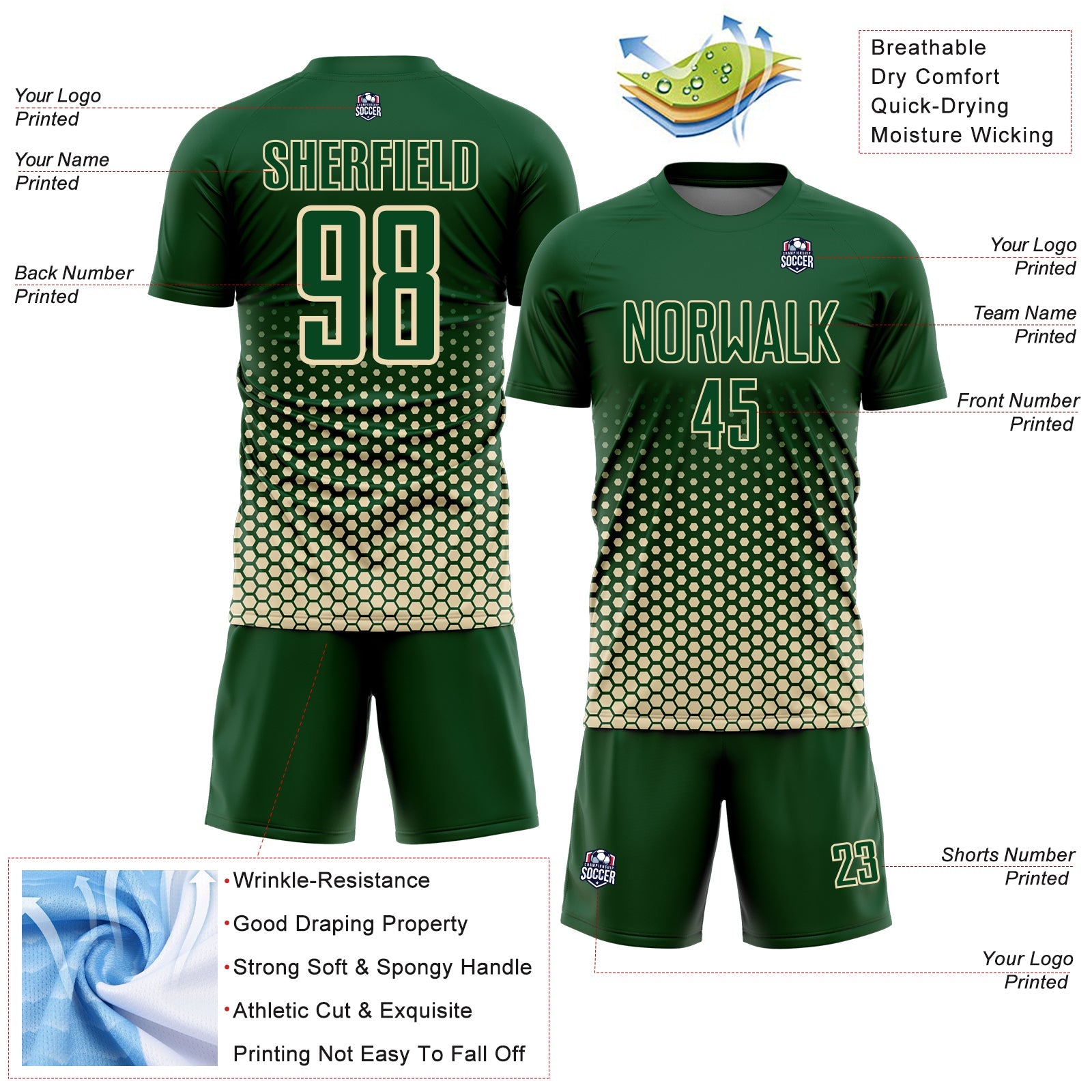 Custom Green-Cream Geometric Hexagonal Dot Gradient Sublimation Soccer Uniform Jersey view 4