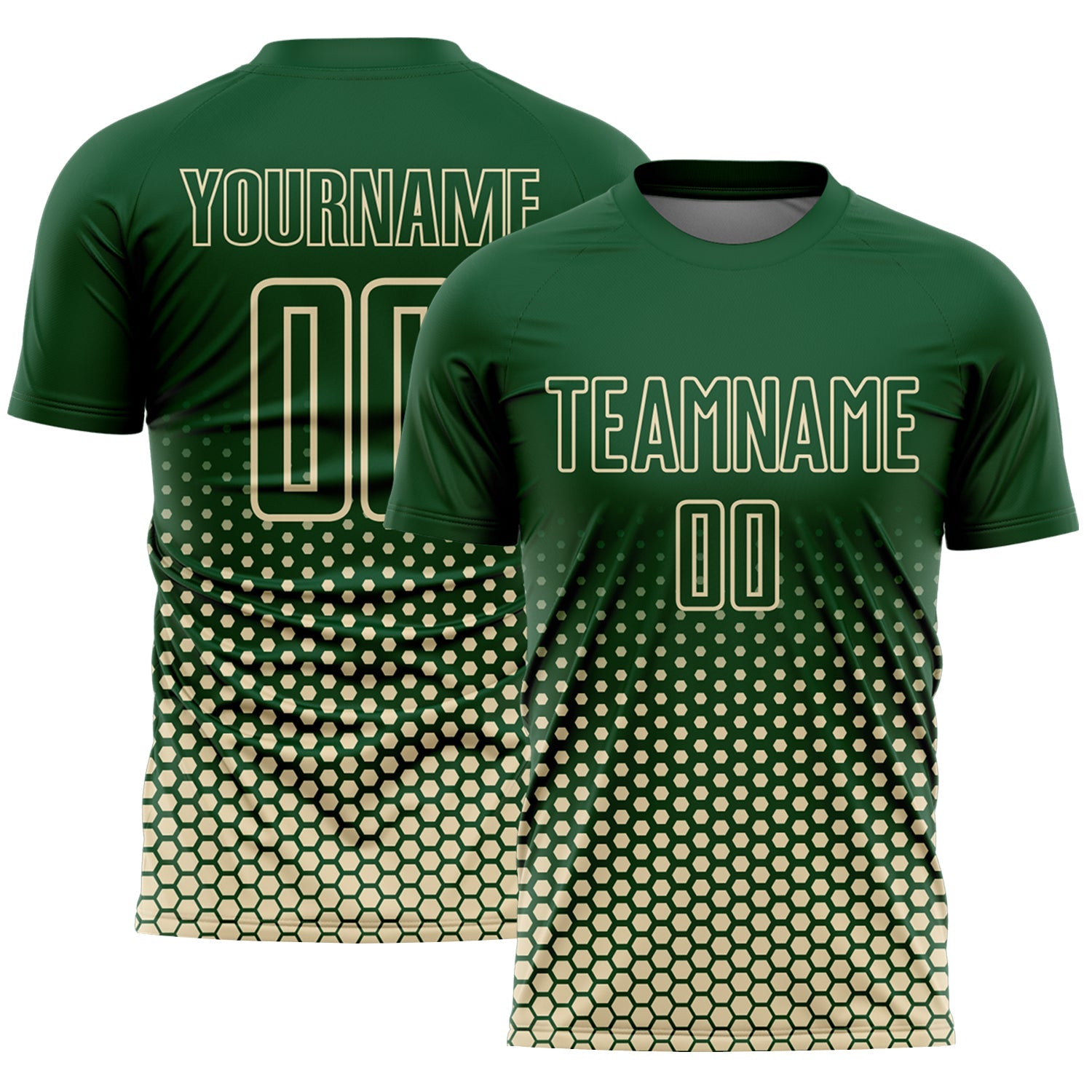 Custom Green-Cream Geometric Hexagonal Dot Gradient Sublimation Soccer Uniform Jersey - Main View