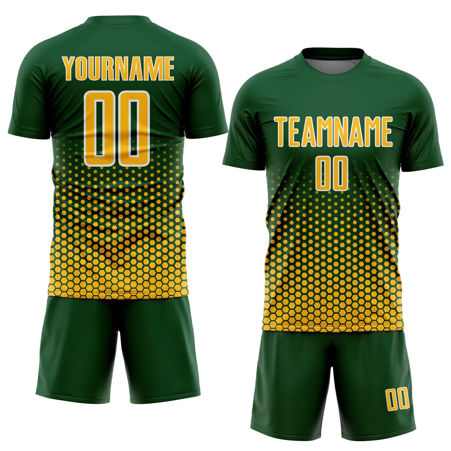 Custom Green Gold-White Geometric Hexagonal Dot Gradient Sublimation Soccer Uniform Jersey view 2