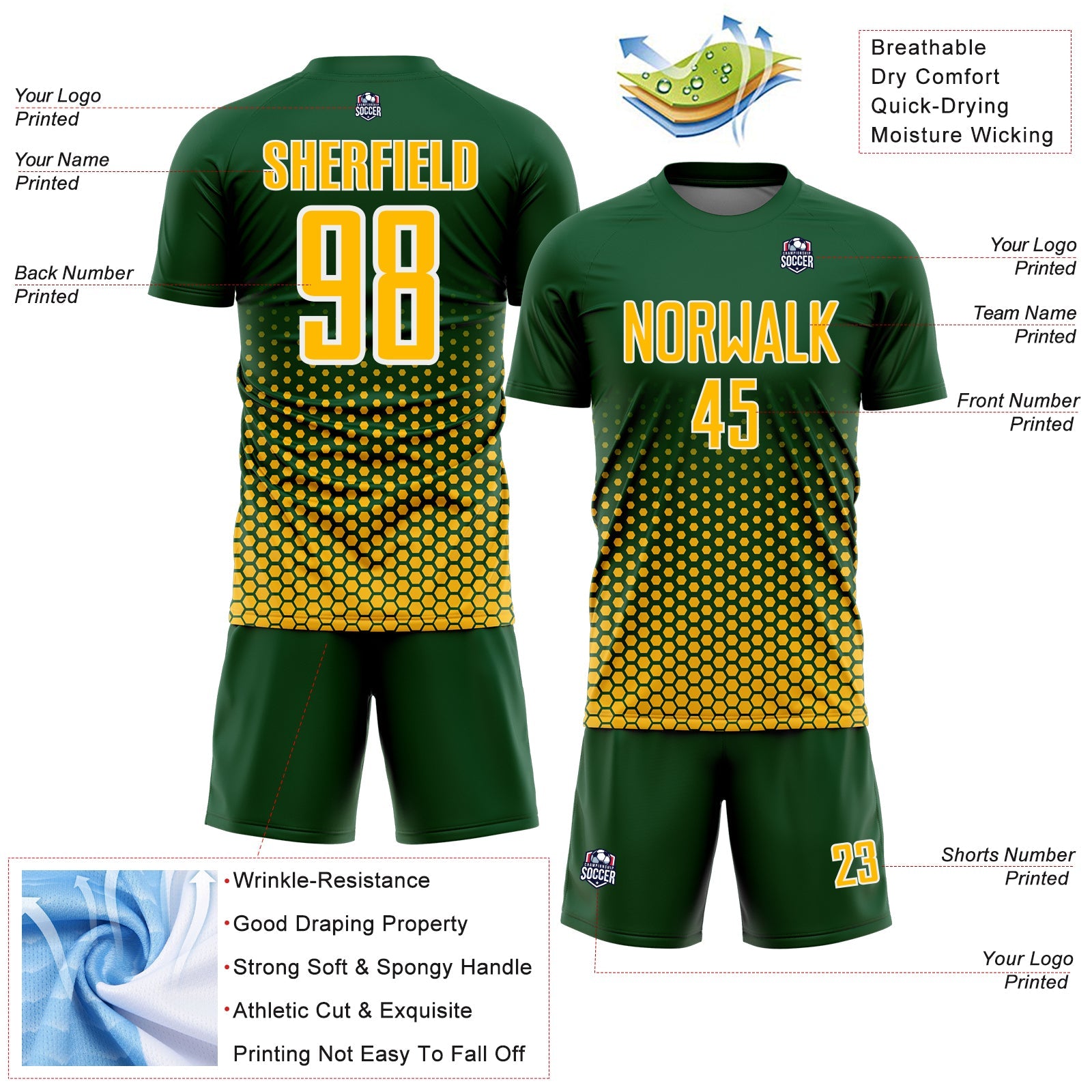 Custom Green Gold-White Geometric Hexagonal Dot Gradient Sublimation Soccer Uniform Jersey view 4