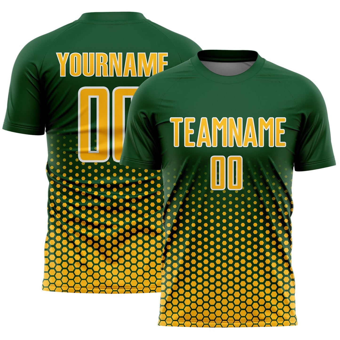Custom Green Gold-White Geometric Hexagonal Dot Gradient Sublimation Soccer Uniform Jersey - Main View
