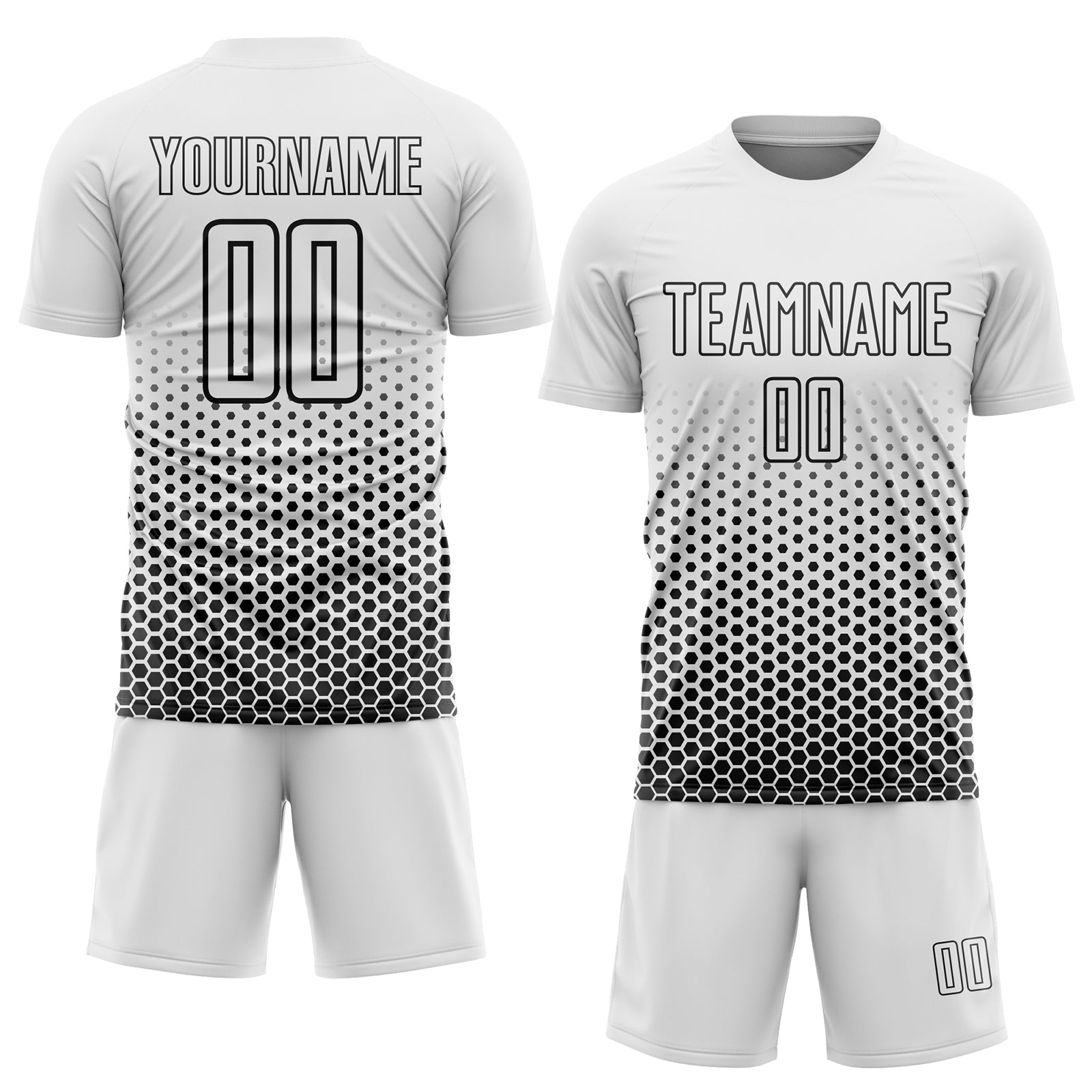 Custom White-Black Geometric Hexagonal Dot Gradient Sublimation Soccer Uniform Jersey view 2