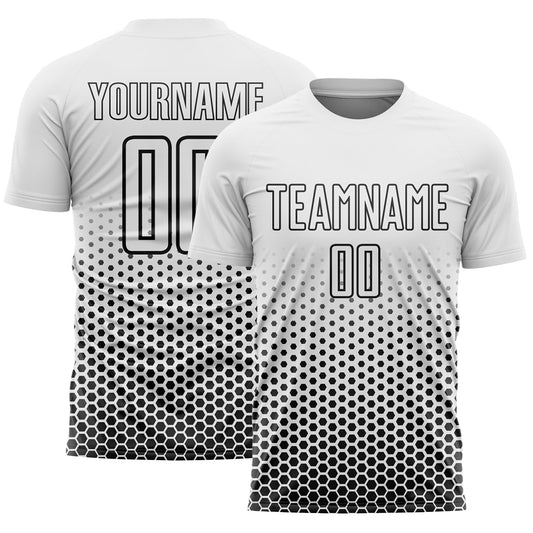 Custom White-Black Geometric Hexagonal Dot Gradient Sublimation Soccer Uniform Jersey - Main View