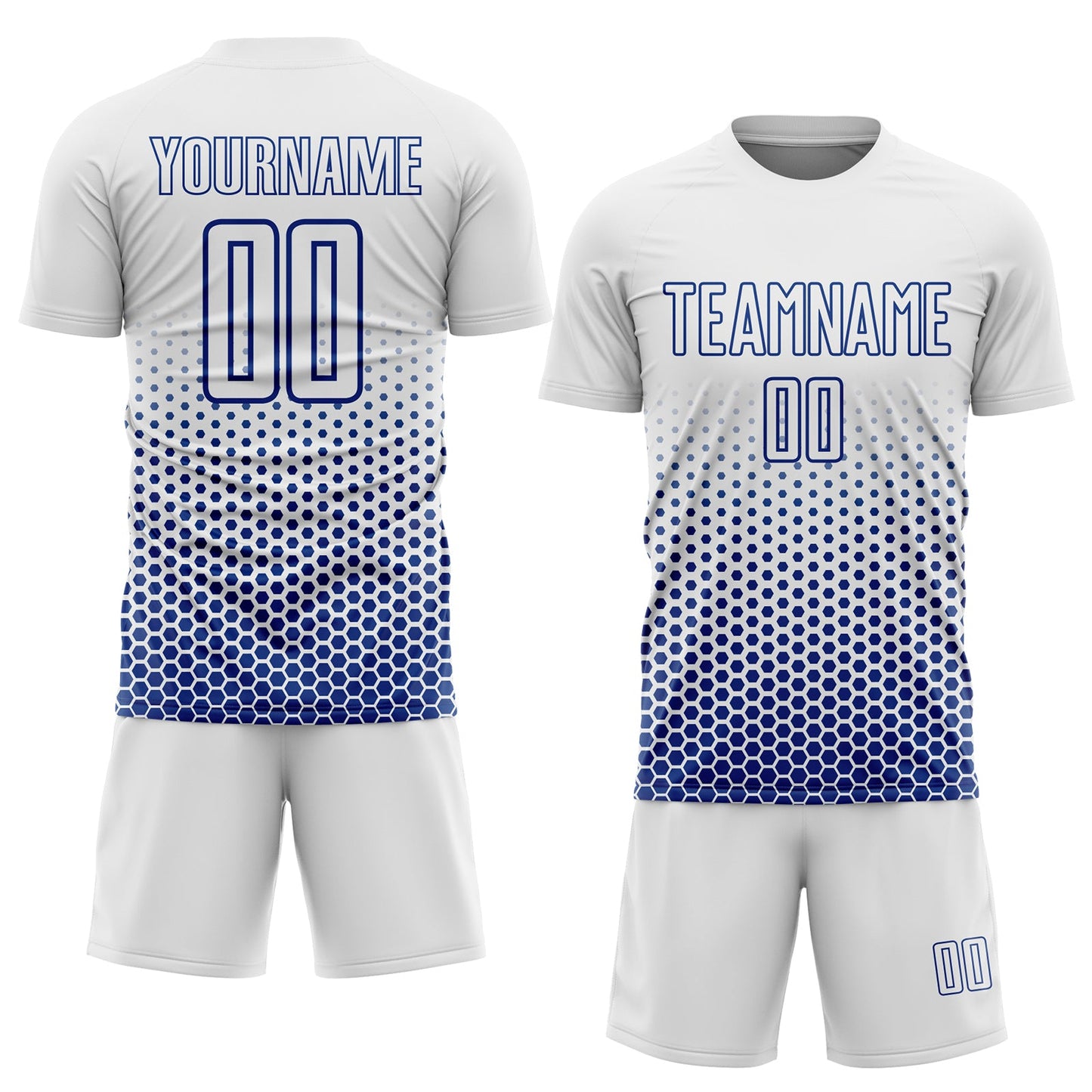 Custom White-Royal Geometric Hexagonal Dot Gradient Sublimation Soccer Uniform Jersey view 2