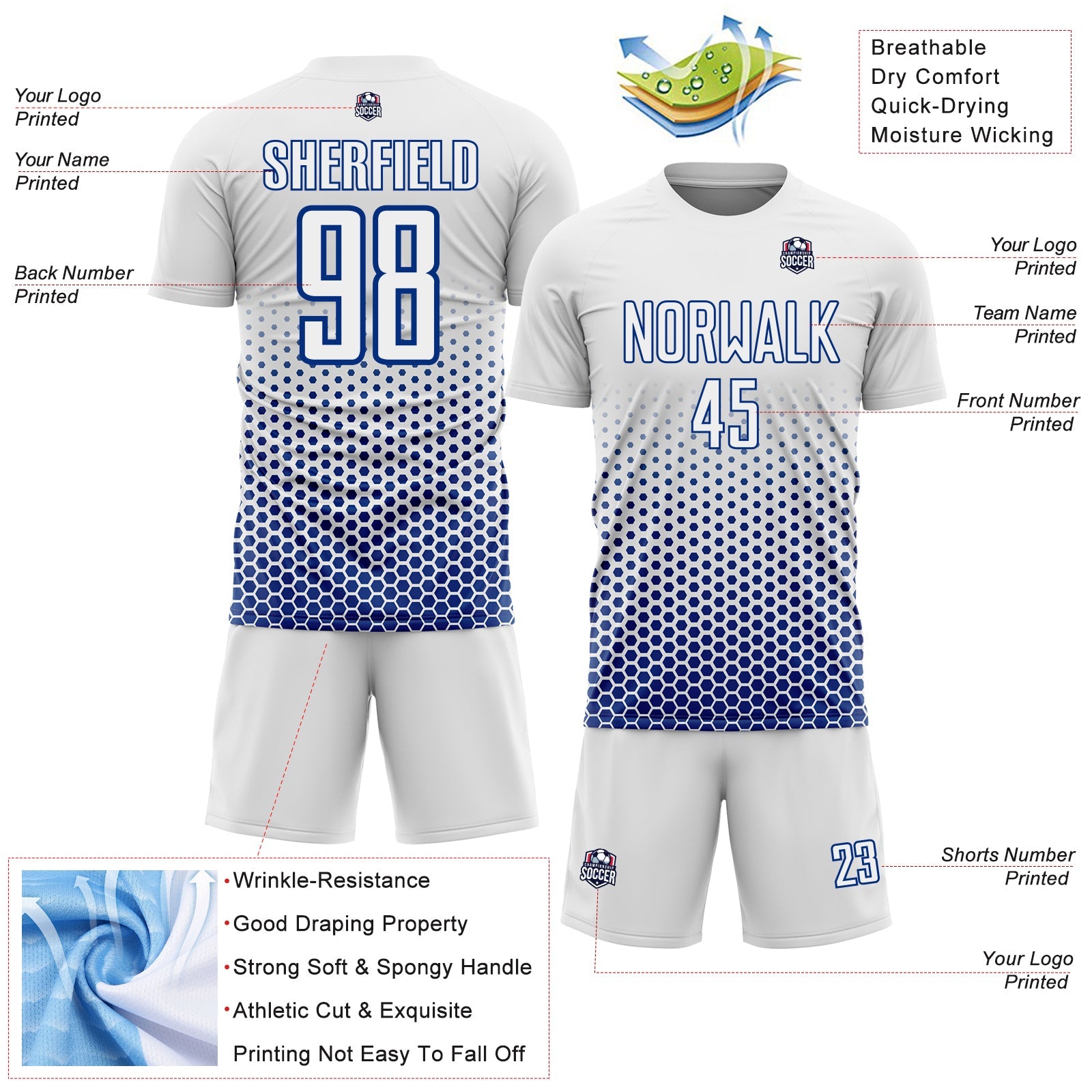 Custom White-Royal Geometric Hexagonal Dot Gradient Sublimation Soccer Uniform Jersey view 4