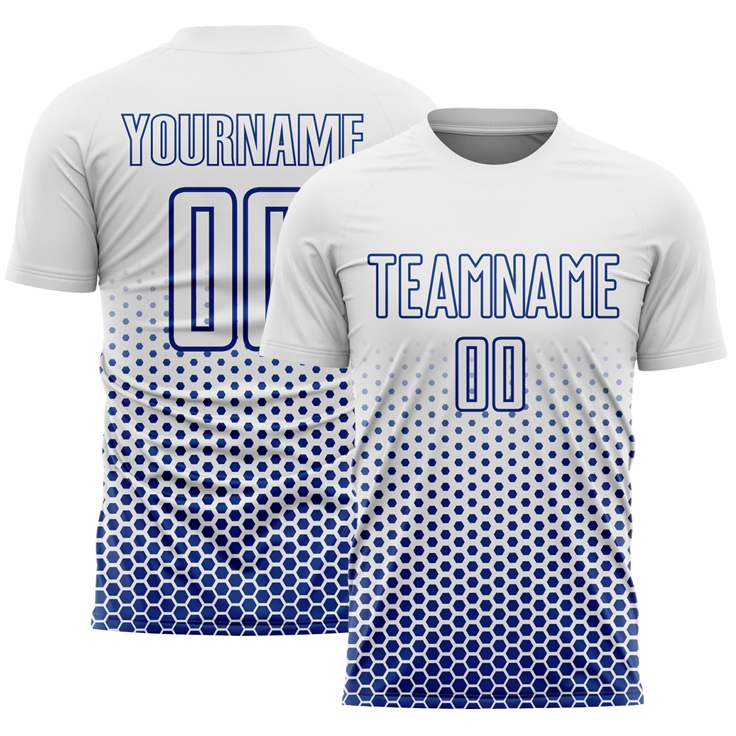 Custom White-Royal Geometric Hexagonal Dot Gradient Sublimation Soccer Uniform Jersey - Main View
