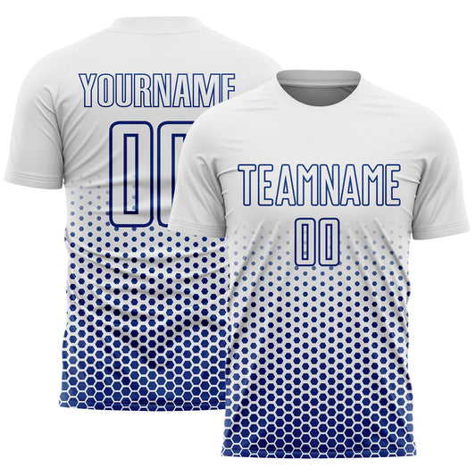 Custom White-Royal Geometric Hexagonal Dot Gradient Sublimation Soccer Uniform Jersey - Main View