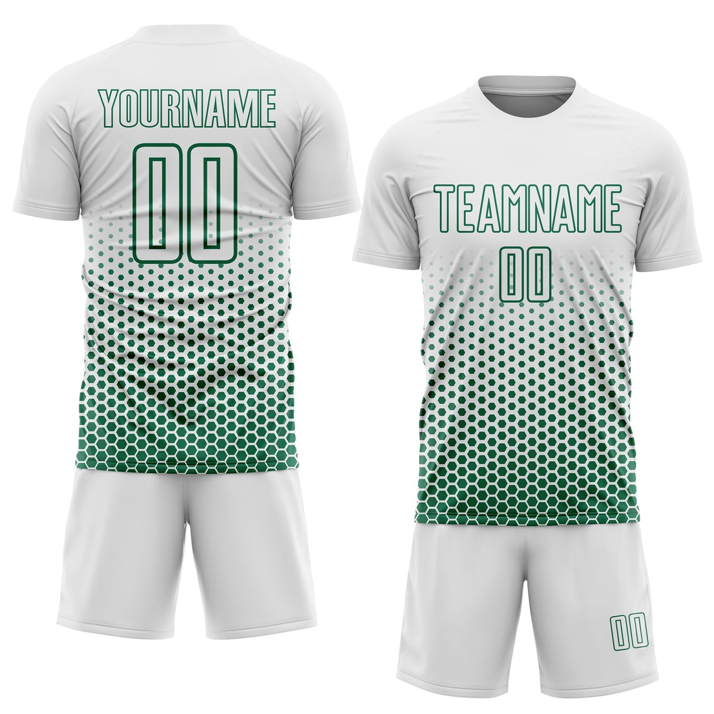 Custom White-Kelly Green Geometric Hexagonal Dot Gradient Sublimation Soccer Uniform Jersey view 2