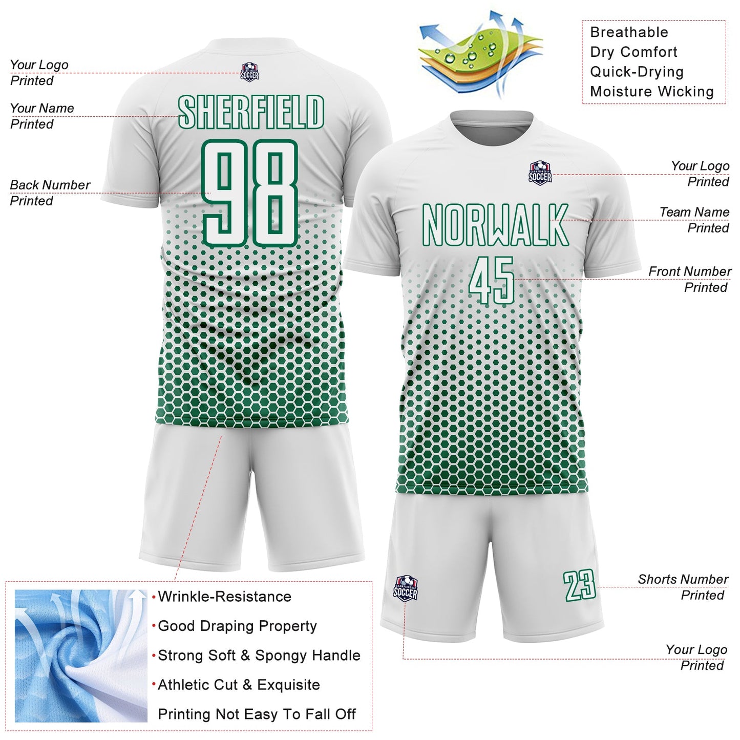 Custom White-Kelly Green Geometric Hexagonal Dot Gradient Sublimation Soccer Uniform Jersey view 4