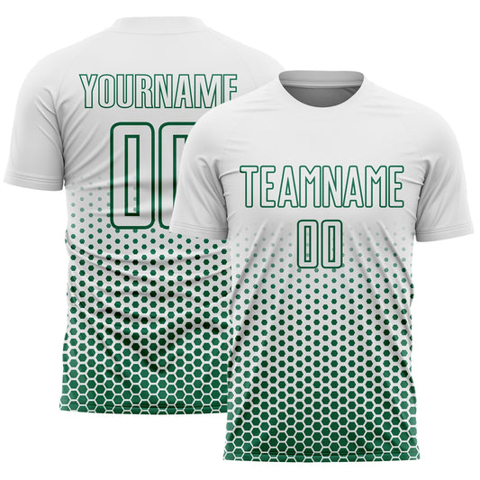 Custom White-Kelly Green Geometric Hexagonal Dot Gradient Sublimation Soccer Uniform Jersey - Main View