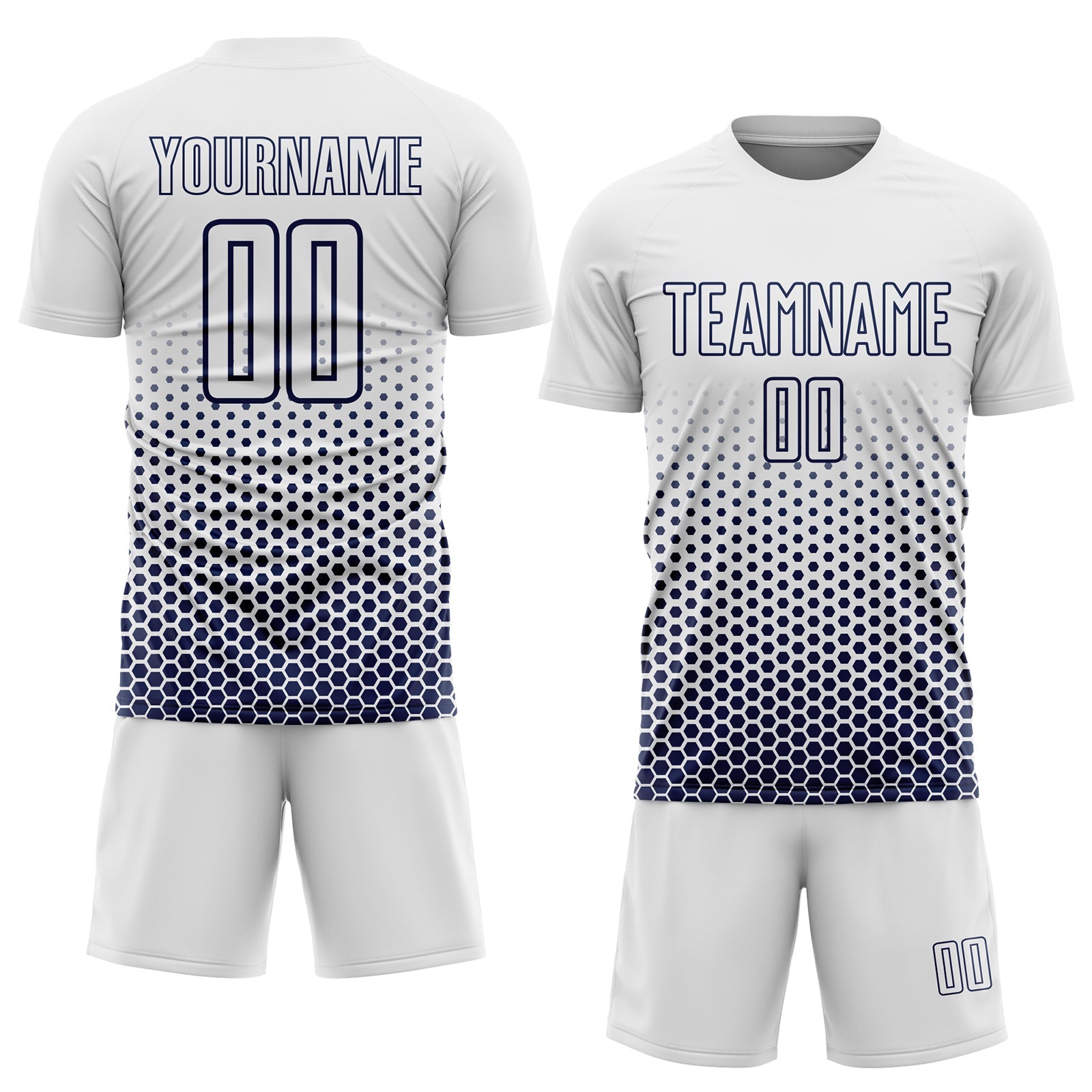 Custom White-Navy Geometric Hexagonal Dot Gradient Sublimation Soccer Uniform Jersey view 2