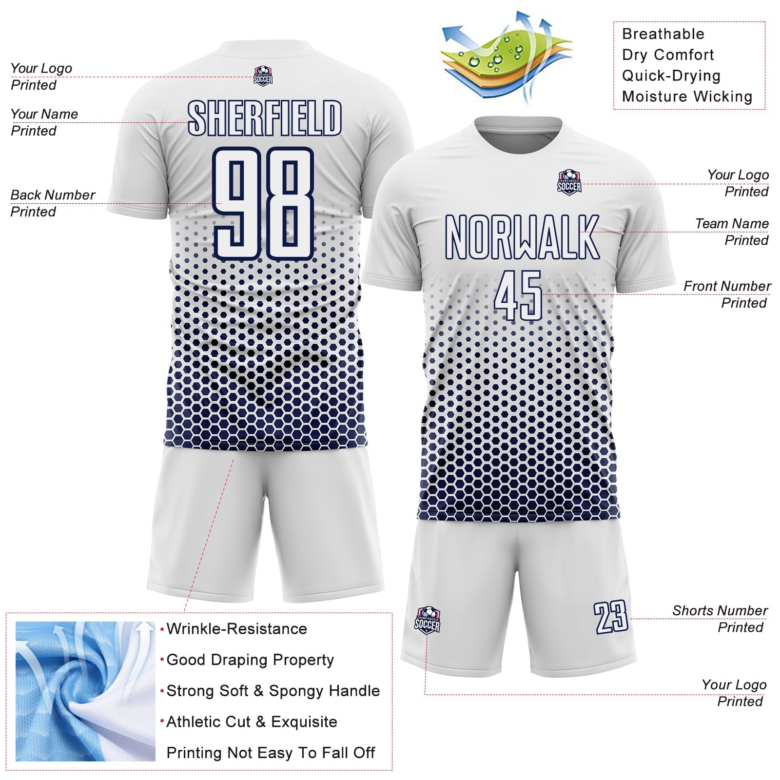 Custom White-Navy Geometric Hexagonal Dot Gradient Sublimation Soccer Uniform Jersey view 4