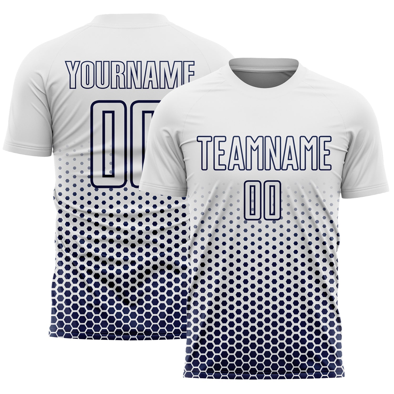 Custom White-Navy Geometric Hexagonal Dot Gradient Sublimation Soccer Uniform Jersey - Main View