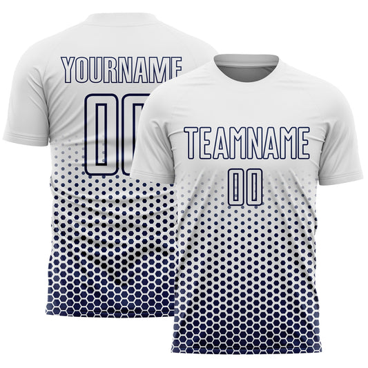 Custom White-Navy Geometric Hexagonal Dot Gradient Sublimation Soccer Uniform Jersey - Main View