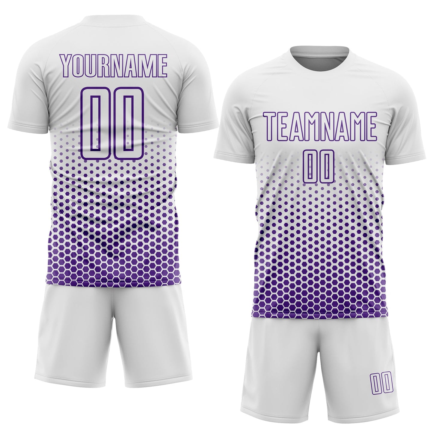 Custom White-Purple Geometric Hexagonal Dot Gradient Sublimation Soccer Uniform Jersey view 2