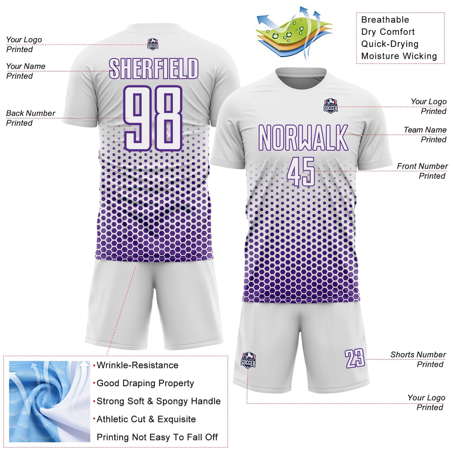 Custom White-Purple Geometric Hexagonal Dot Gradient Sublimation Soccer Uniform Jersey view 4