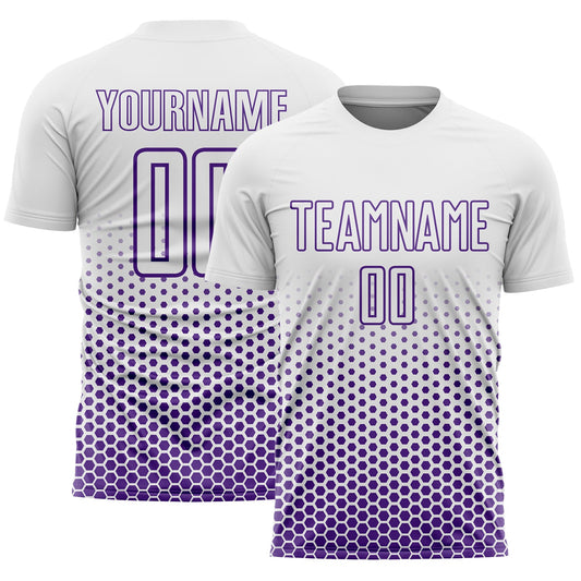 Custom White-Purple Geometric Hexagonal Dot Gradient Sublimation Soccer Uniform Jersey - Main View