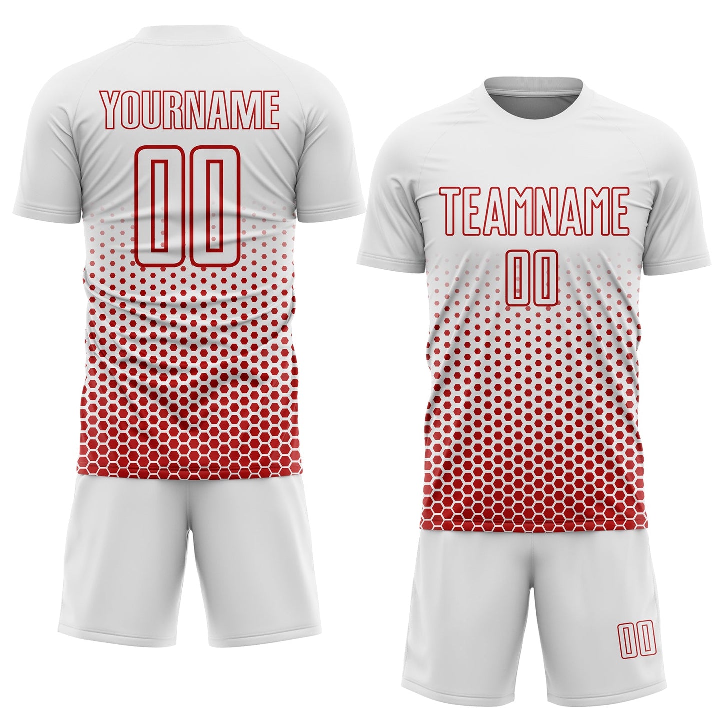 Custom White-Red Geometric Hexagonal Dot Gradient Sublimation Soccer Uniform Jersey view 2