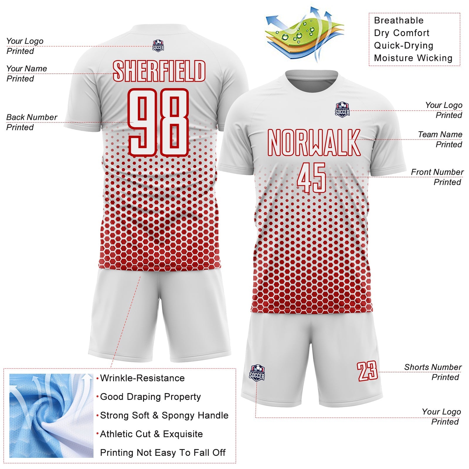 Custom White-Red Geometric Hexagonal Dot Gradient Sublimation Soccer Uniform Jersey view 4
