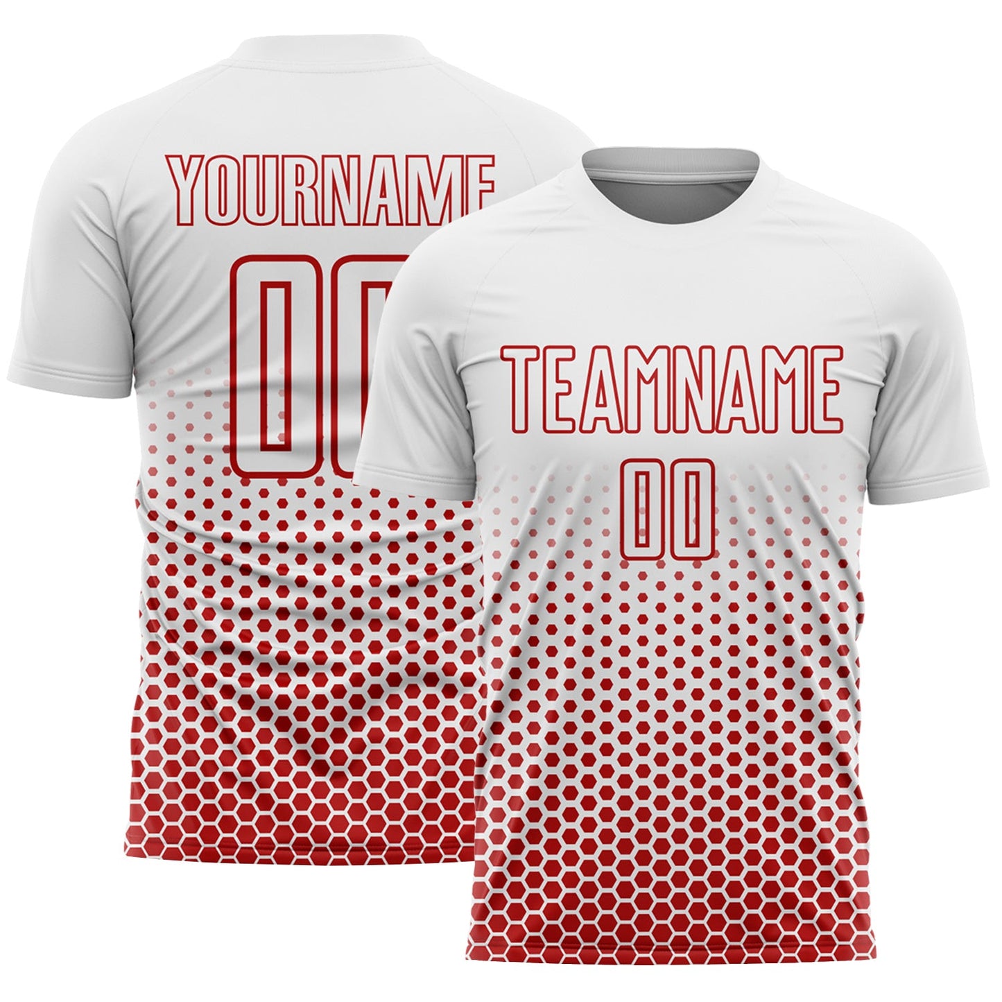 Custom White-Red Geometric Hexagonal Dot Gradient Sublimation Soccer Uniform Jersey - Main View