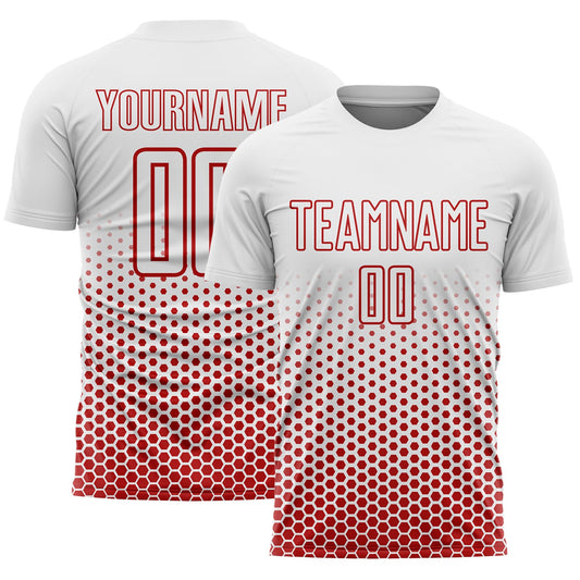 Custom White-Red Geometric Hexagonal Dot Gradient Sublimation Soccer Uniform Jersey - Main View