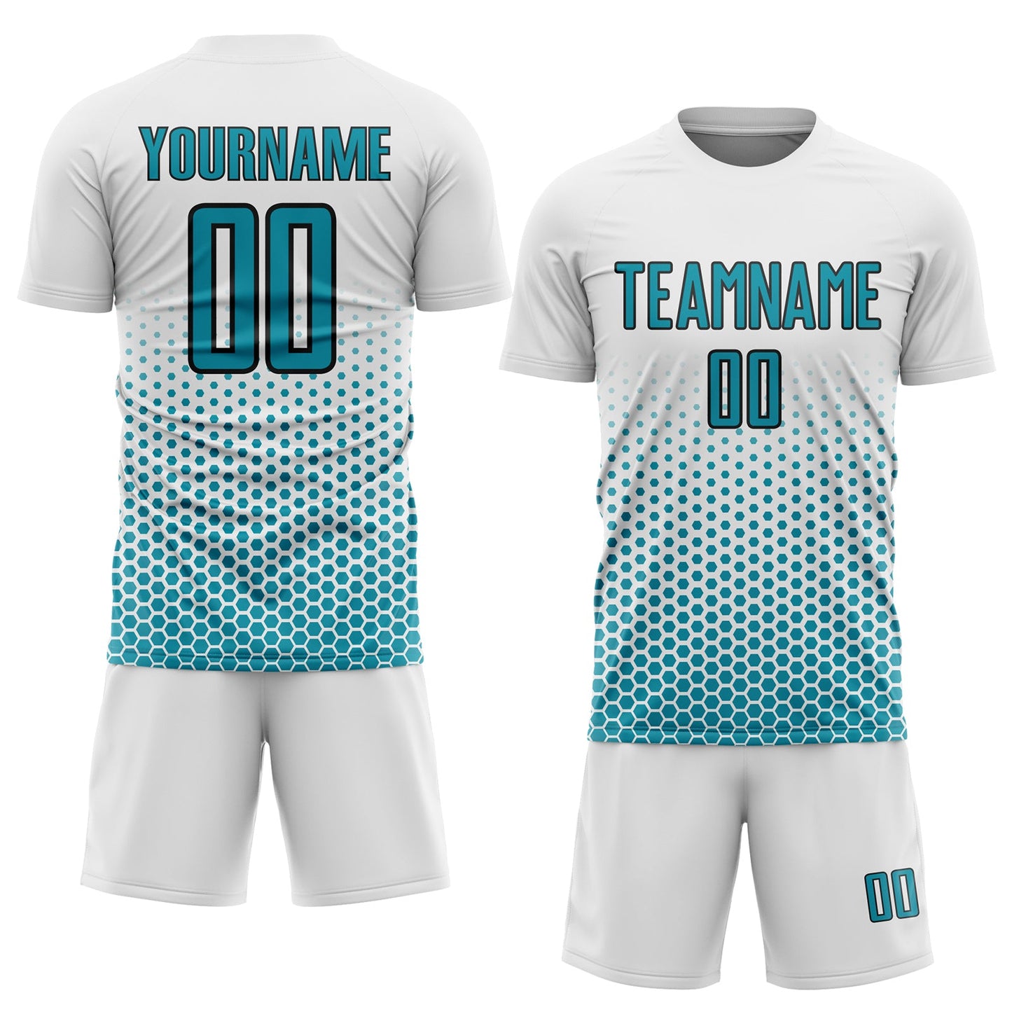 Custom White Teal-Black Geometric Hexagonal Dot Gradient Sublimation Soccer Uniform Jersey view 2