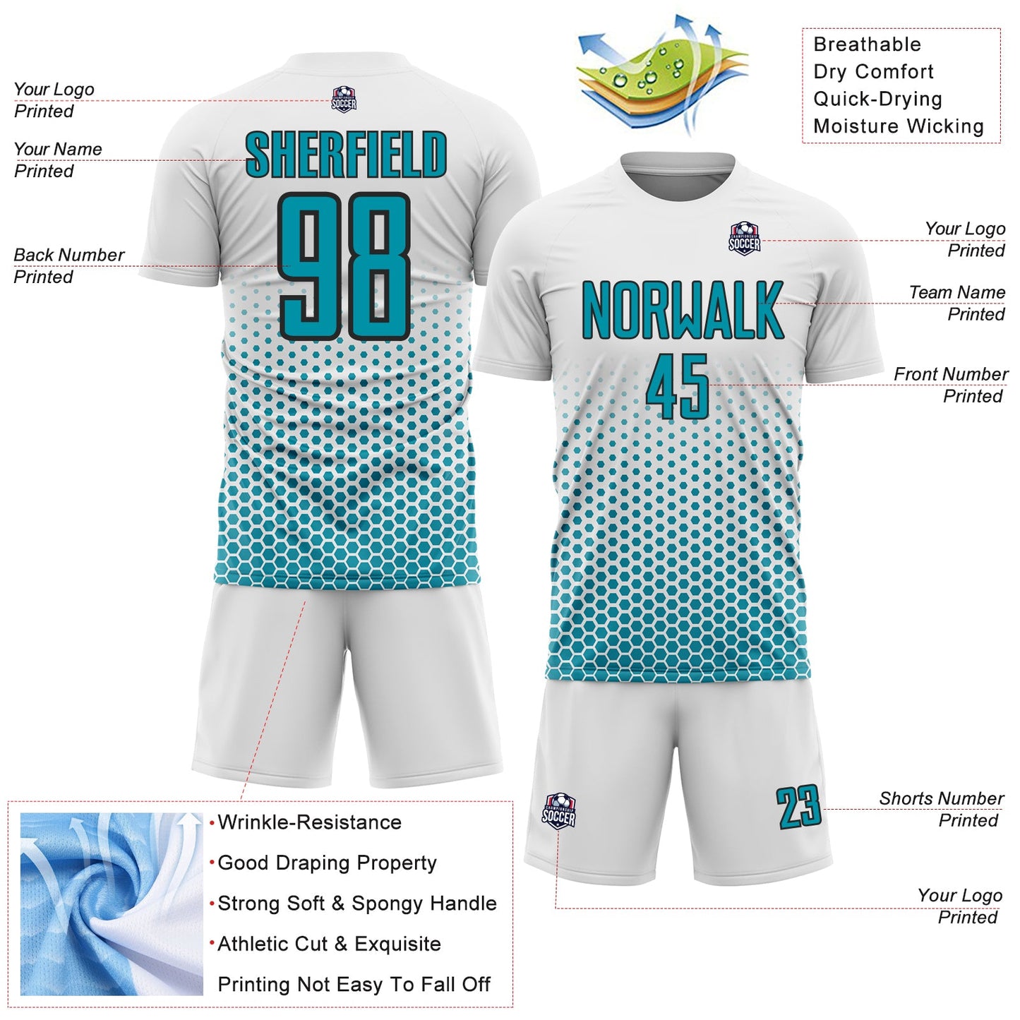 Custom White Teal-Black Geometric Hexagonal Dot Gradient Sublimation Soccer Uniform Jersey view 4
