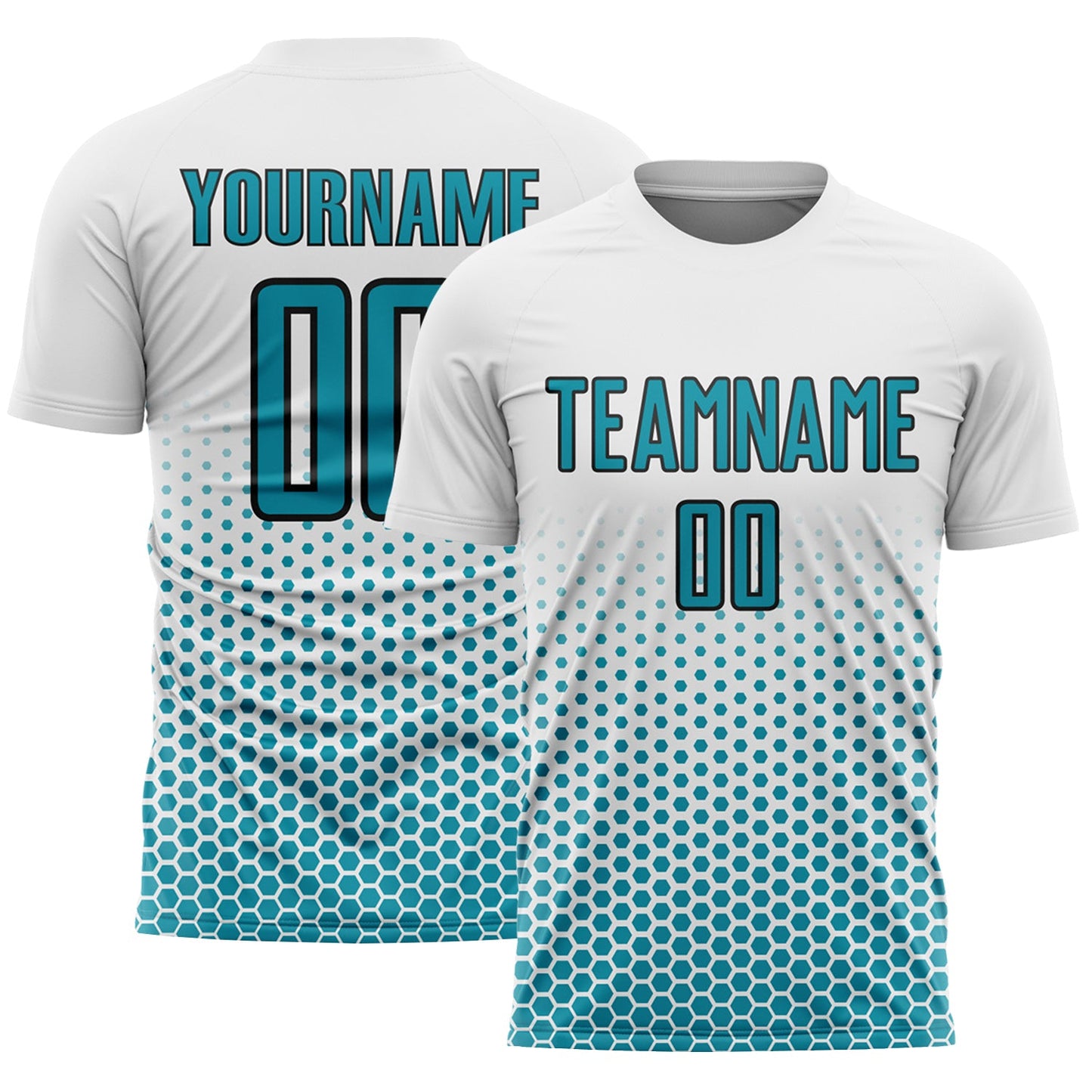 Custom White Teal-Black Geometric Hexagonal Dot Gradient Sublimation Soccer Uniform Jersey - Main View