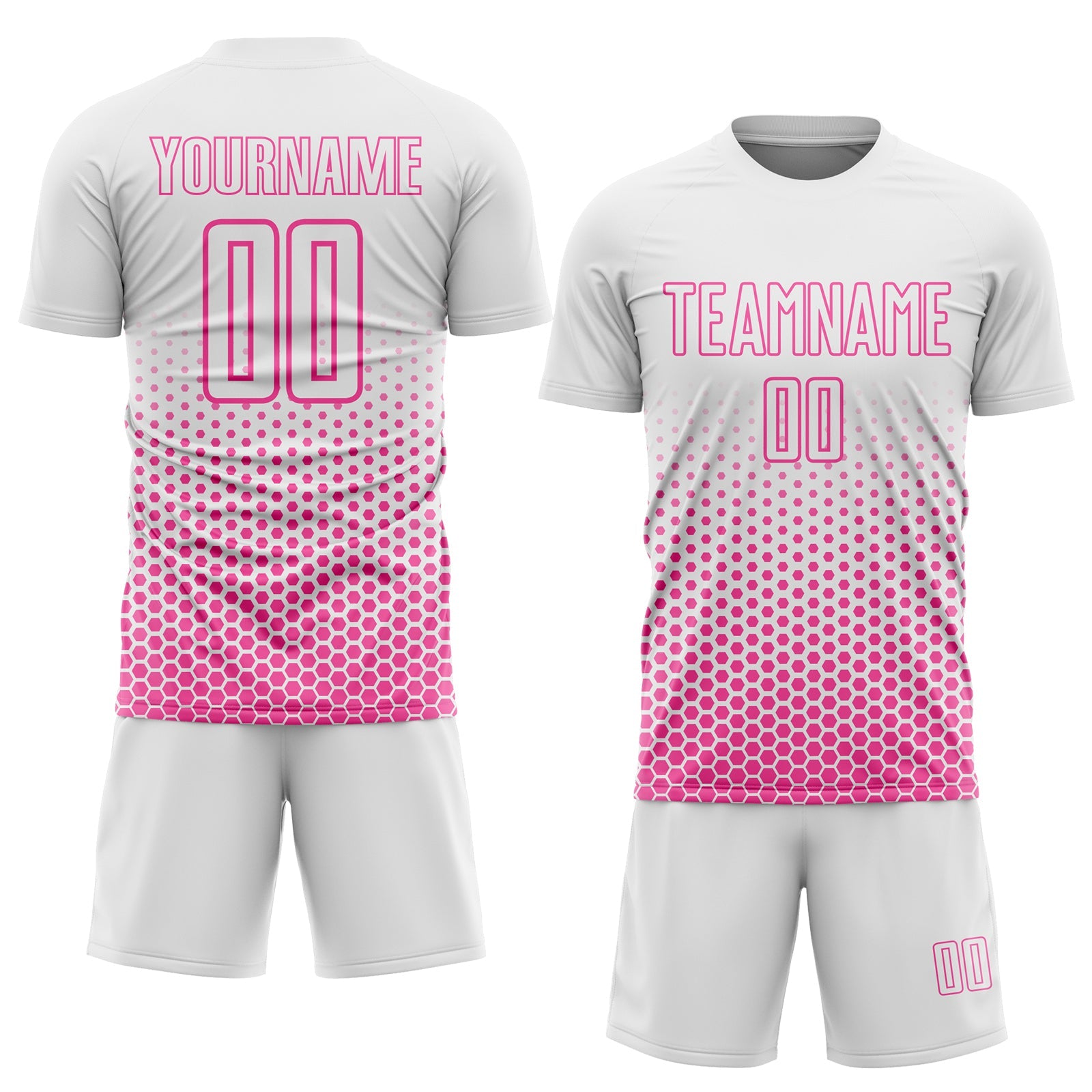 Custom White-Pink Geometric Hexagonal Dot Gradient Sublimation Soccer Uniform Jersey view 2