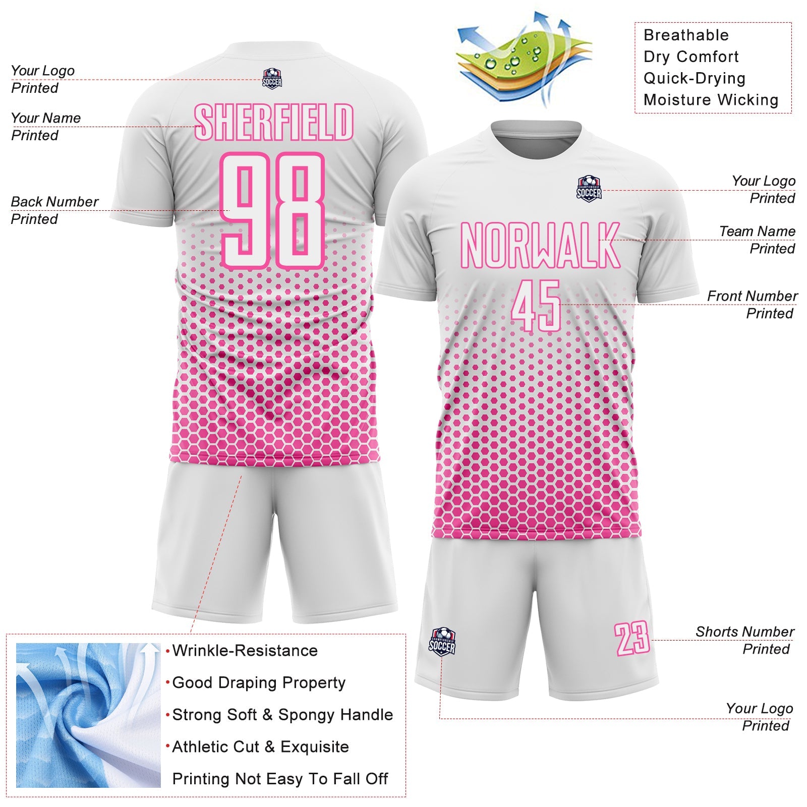 Custom White-Pink Geometric Hexagonal Dot Gradient Sublimation Soccer Uniform Jersey view 4
