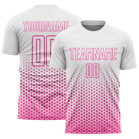 Custom White-Pink Geometric Hexagonal Dot Gradient Sublimation Soccer Uniform Jersey - Main View