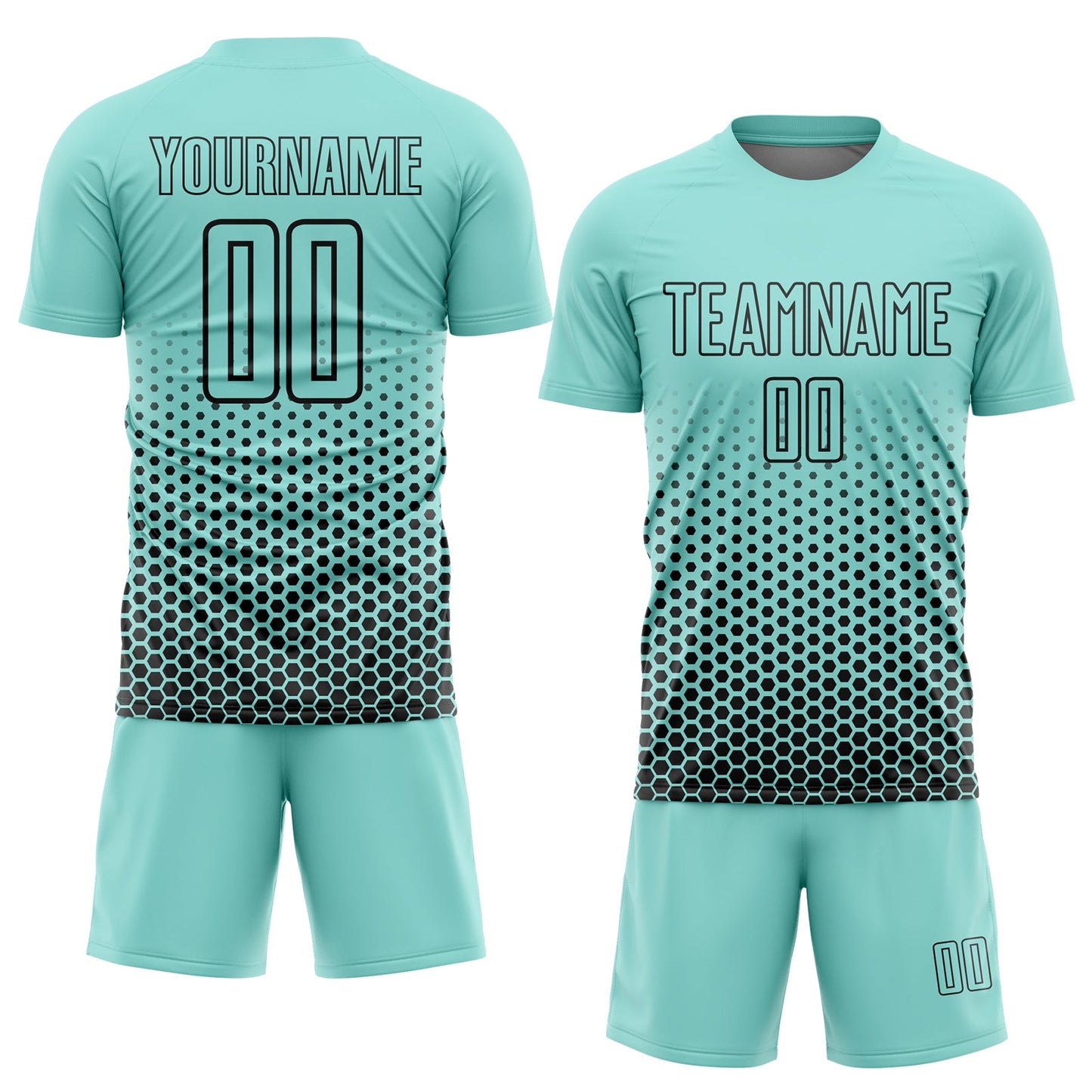 Custom Ice Blue-Black Geometric Hexagonal Dot Gradient Sublimation Soccer Uniform Jersey view 2