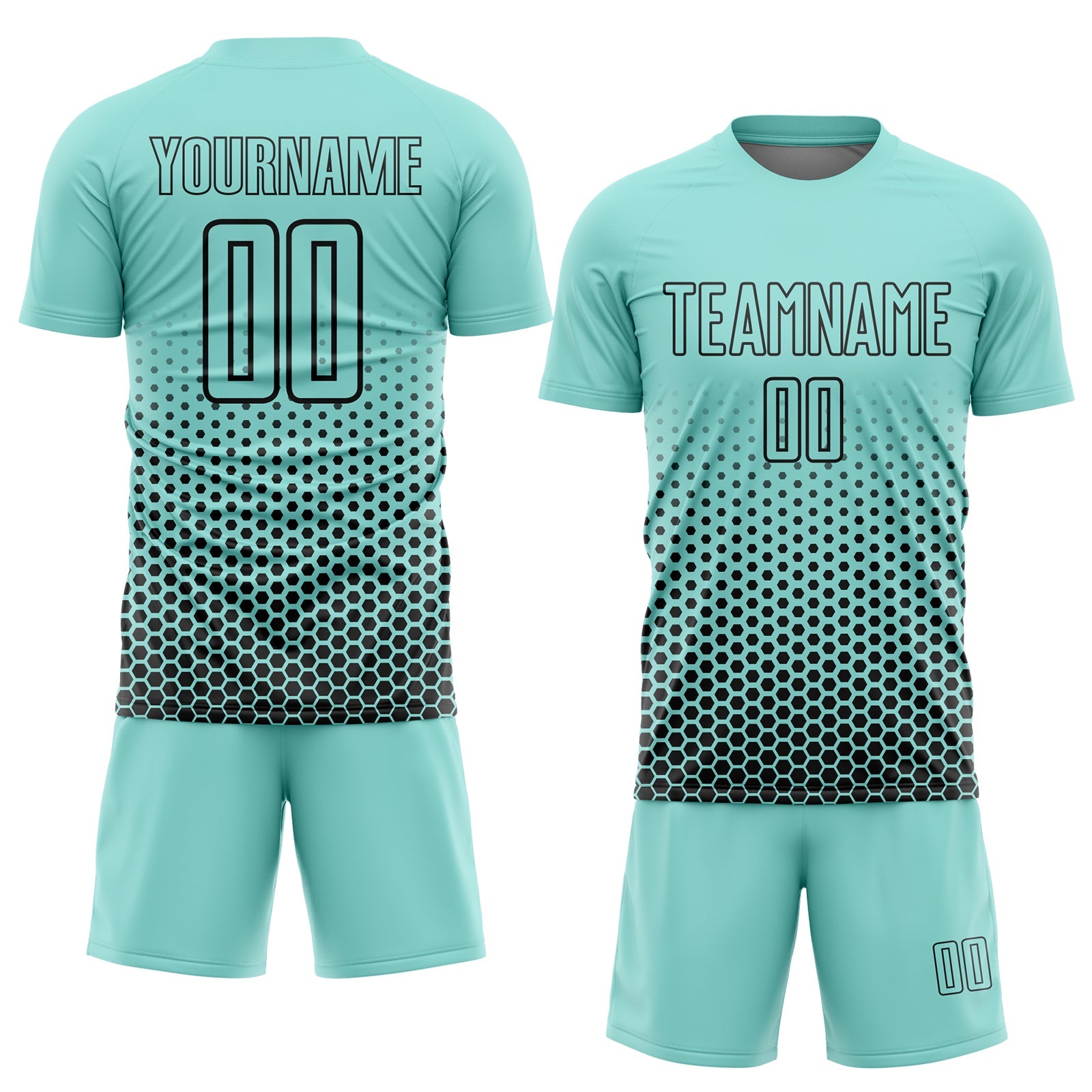 Custom Ice Blue-Black Geometric Hexagonal Dot Gradient Sublimation Soccer Uniform Jersey view 2