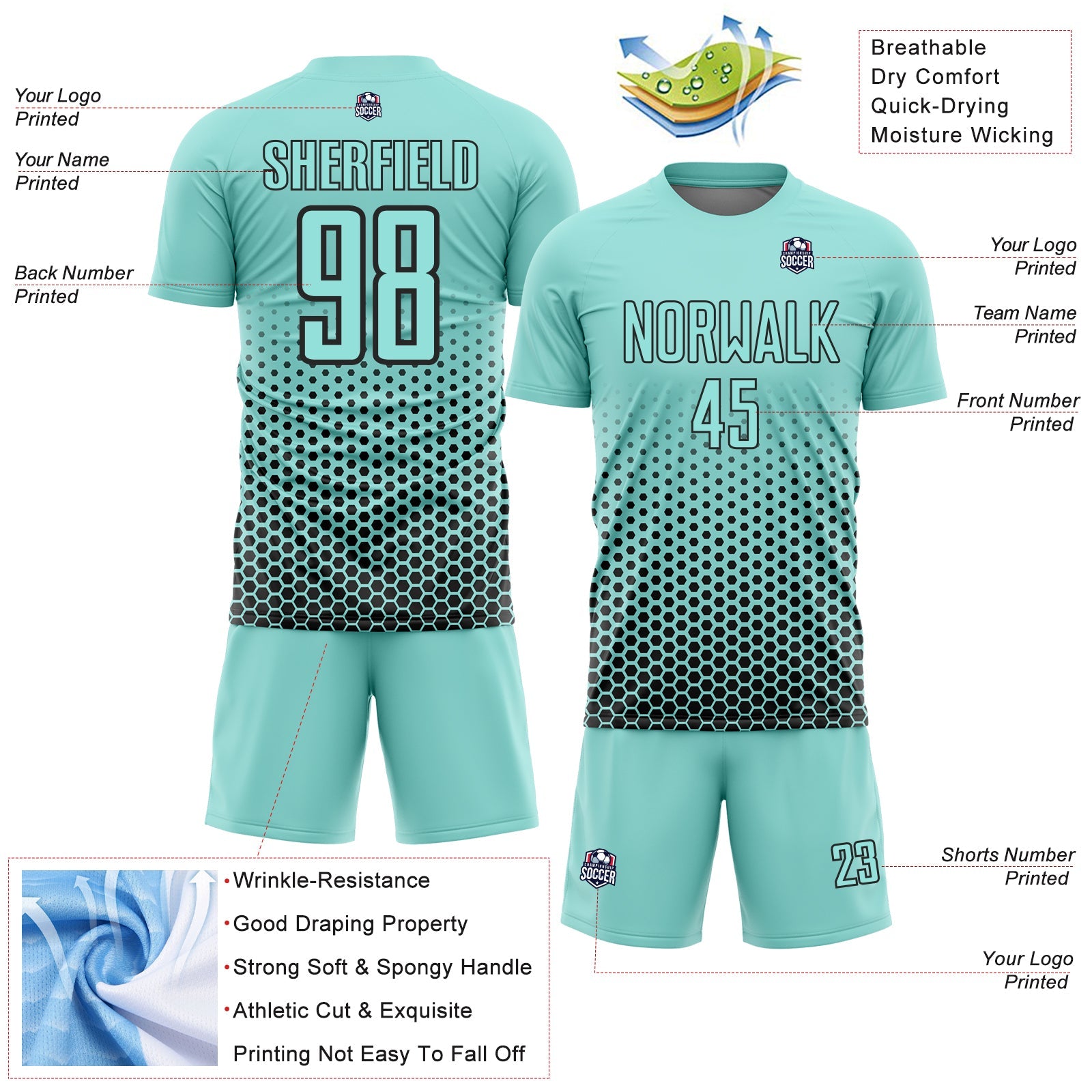 Custom Ice Blue-Black Geometric Hexagonal Dot Gradient Sublimation Soccer Uniform Jersey view 4