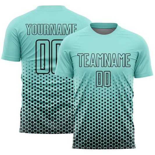 Custom Ice Blue-Black Geometric Hexagonal Dot Gradient Sublimation Soccer Uniform Jersey - Main View