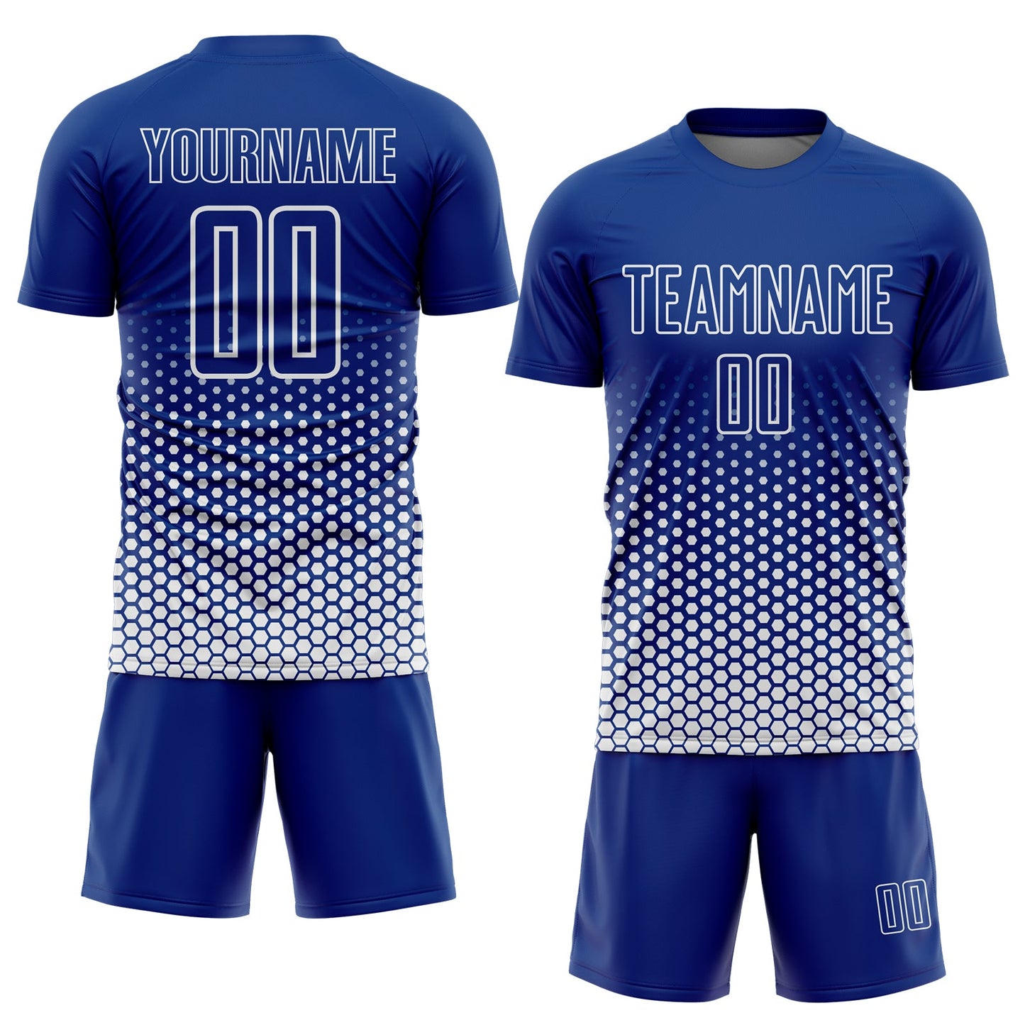 Custom Royal-White Geometric Hexagonal Dot Gradient Sublimation Soccer Uniform Jersey view 2