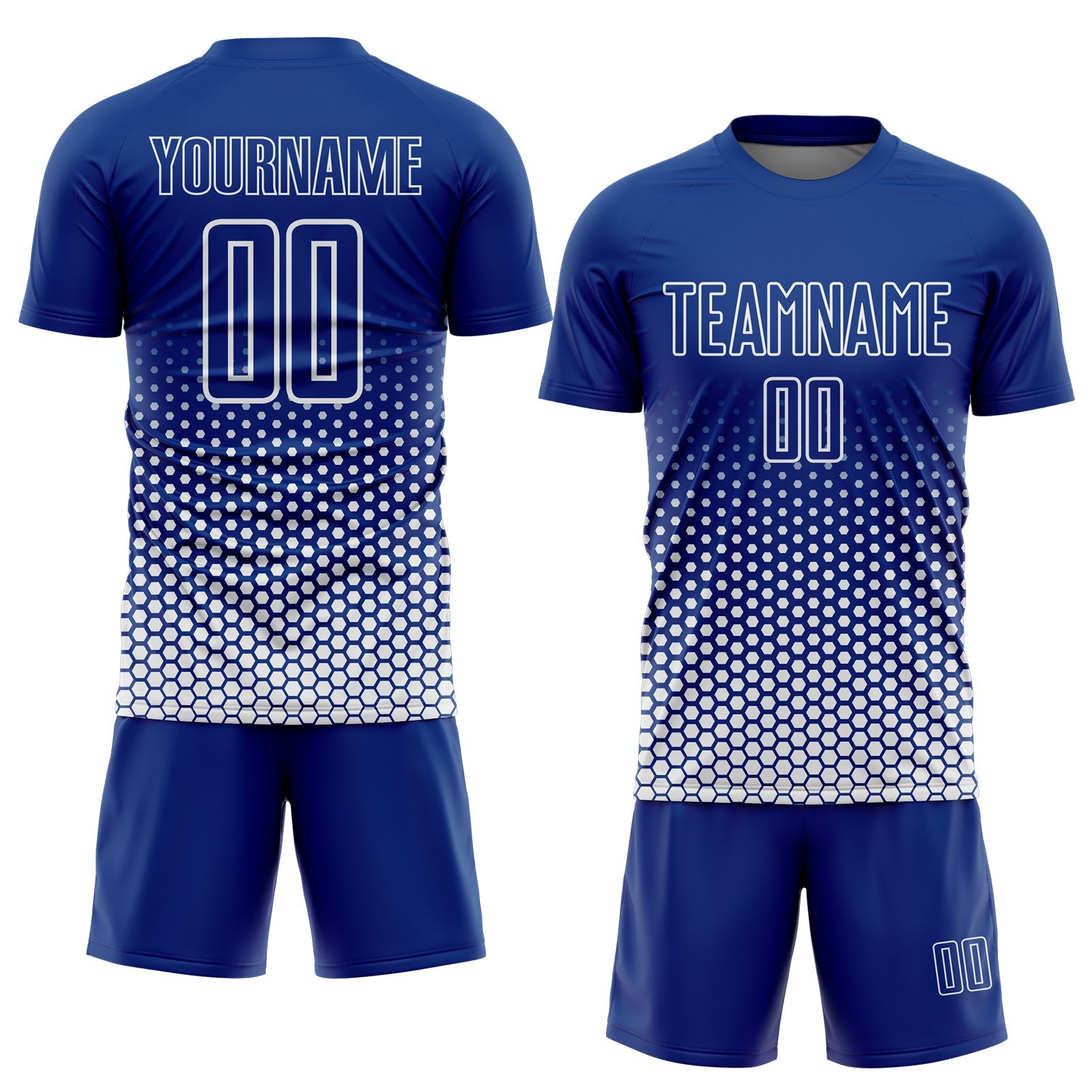 Custom Royal-White Geometric Hexagonal Dot Gradient Sublimation Soccer Uniform Jersey view 2
