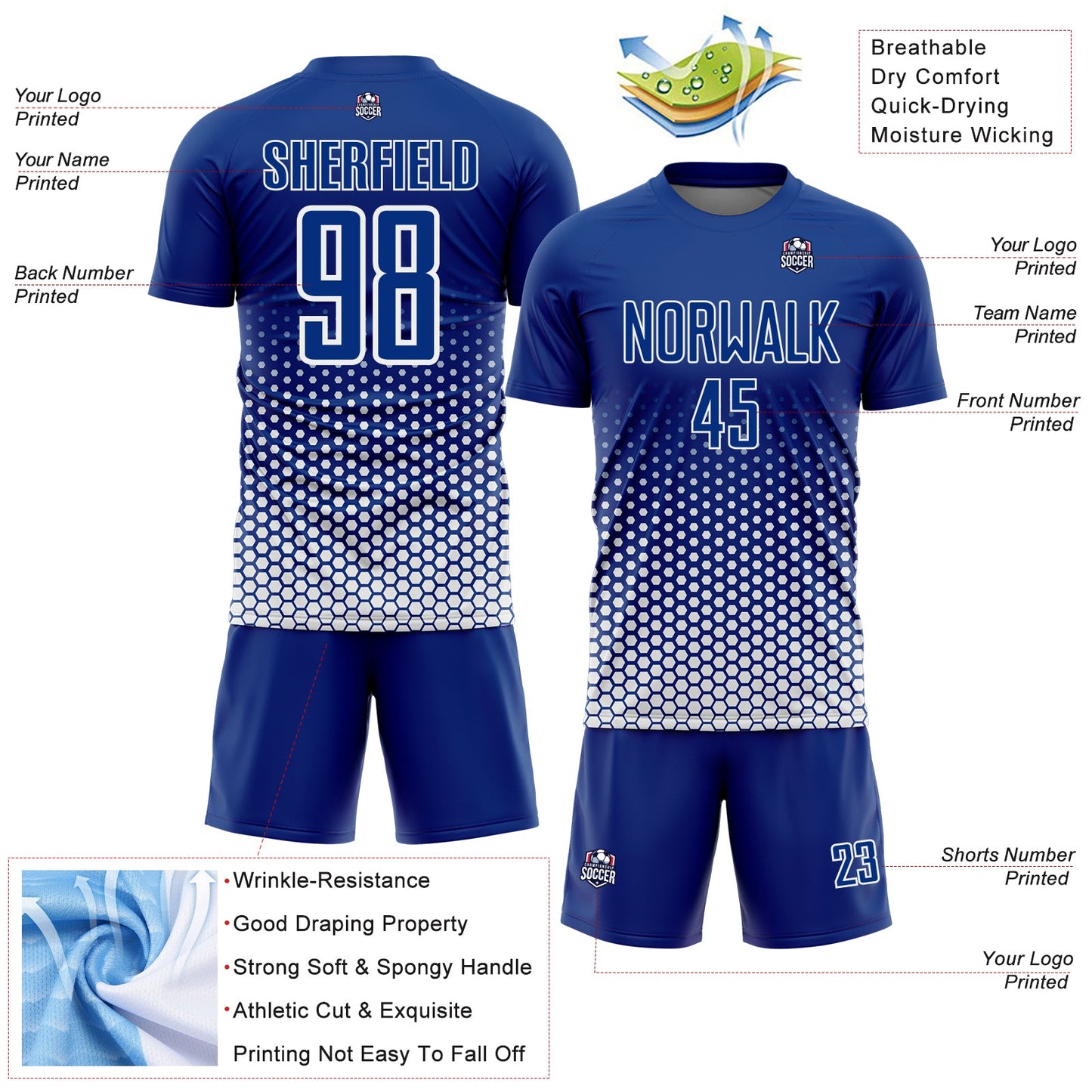 Custom Royal-White Geometric Hexagonal Dot Gradient Sublimation Soccer Uniform Jersey view 4