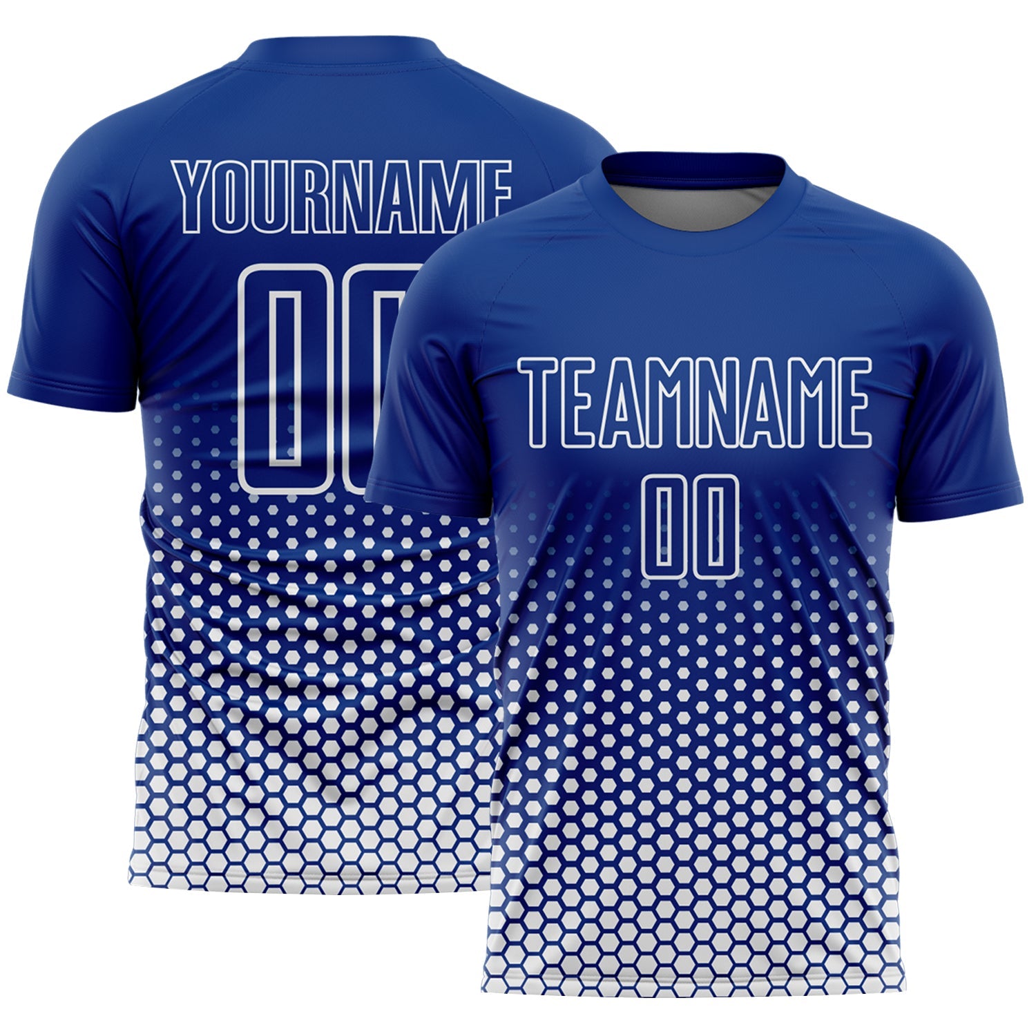 Custom Royal-White Geometric Hexagonal Dot Gradient Sublimation Soccer Uniform Jersey - Main View