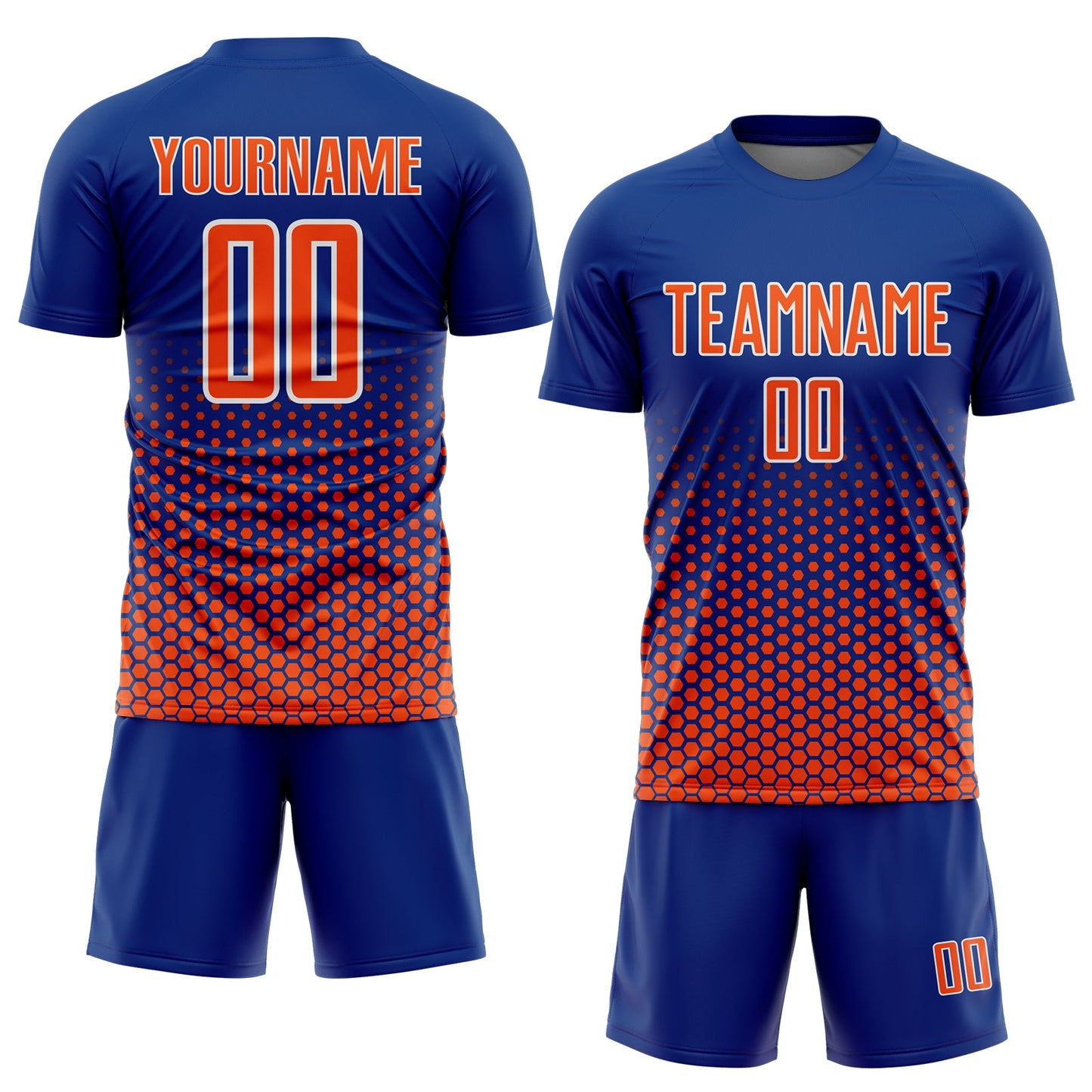 Custom Royal Orange-White Geometric Hexagonal Dot Gradient Sublimation Soccer Uniform Jersey view 2