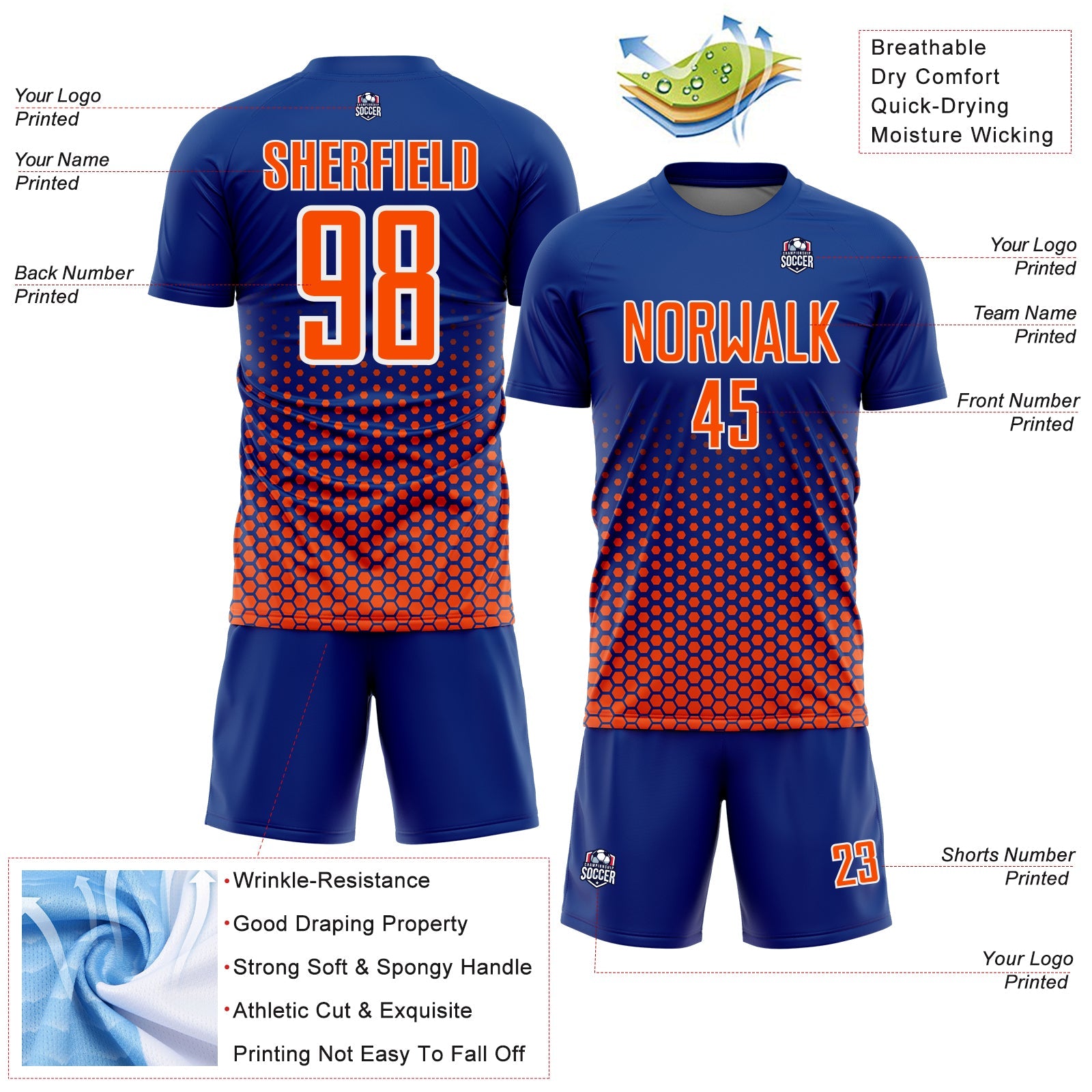 Custom Royal Orange-White Geometric Hexagonal Dot Gradient Sublimation Soccer Uniform Jersey view 4