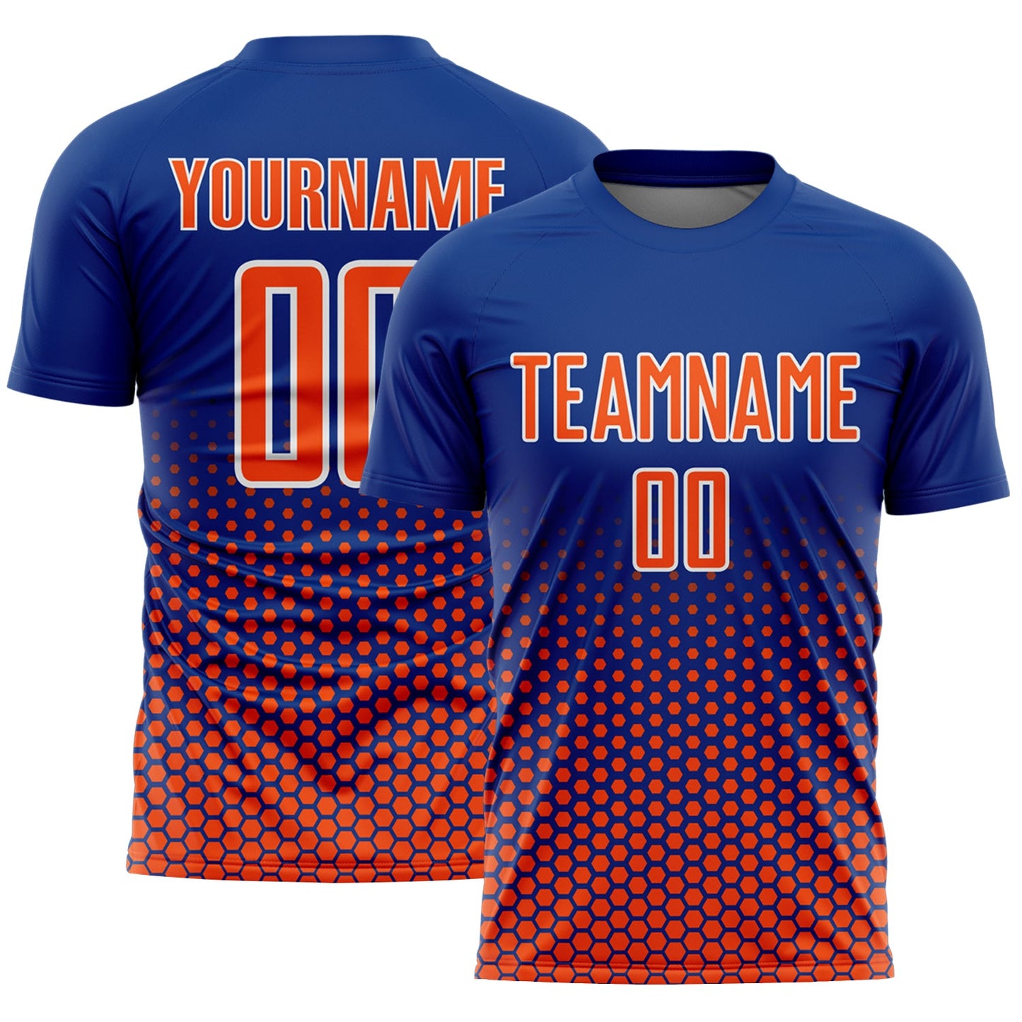 Custom Royal Orange-White Geometric Hexagonal Dot Gradient Sublimation Soccer Uniform Jersey - Main View
