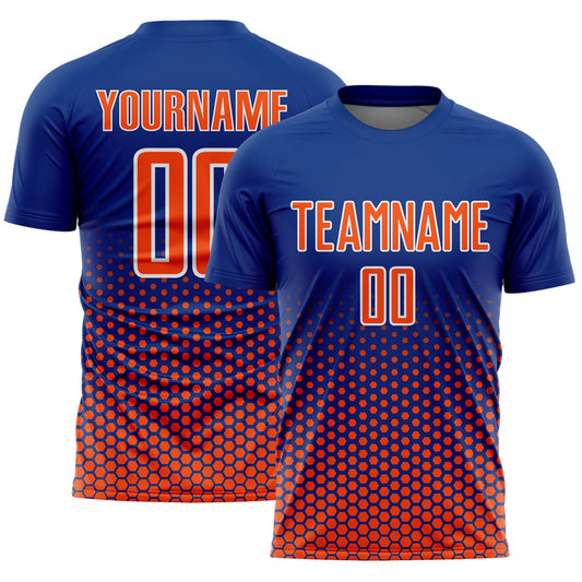 Custom Royal Orange-White Geometric Hexagonal Dot Gradient Sublimation Soccer Uniform Jersey - Main View