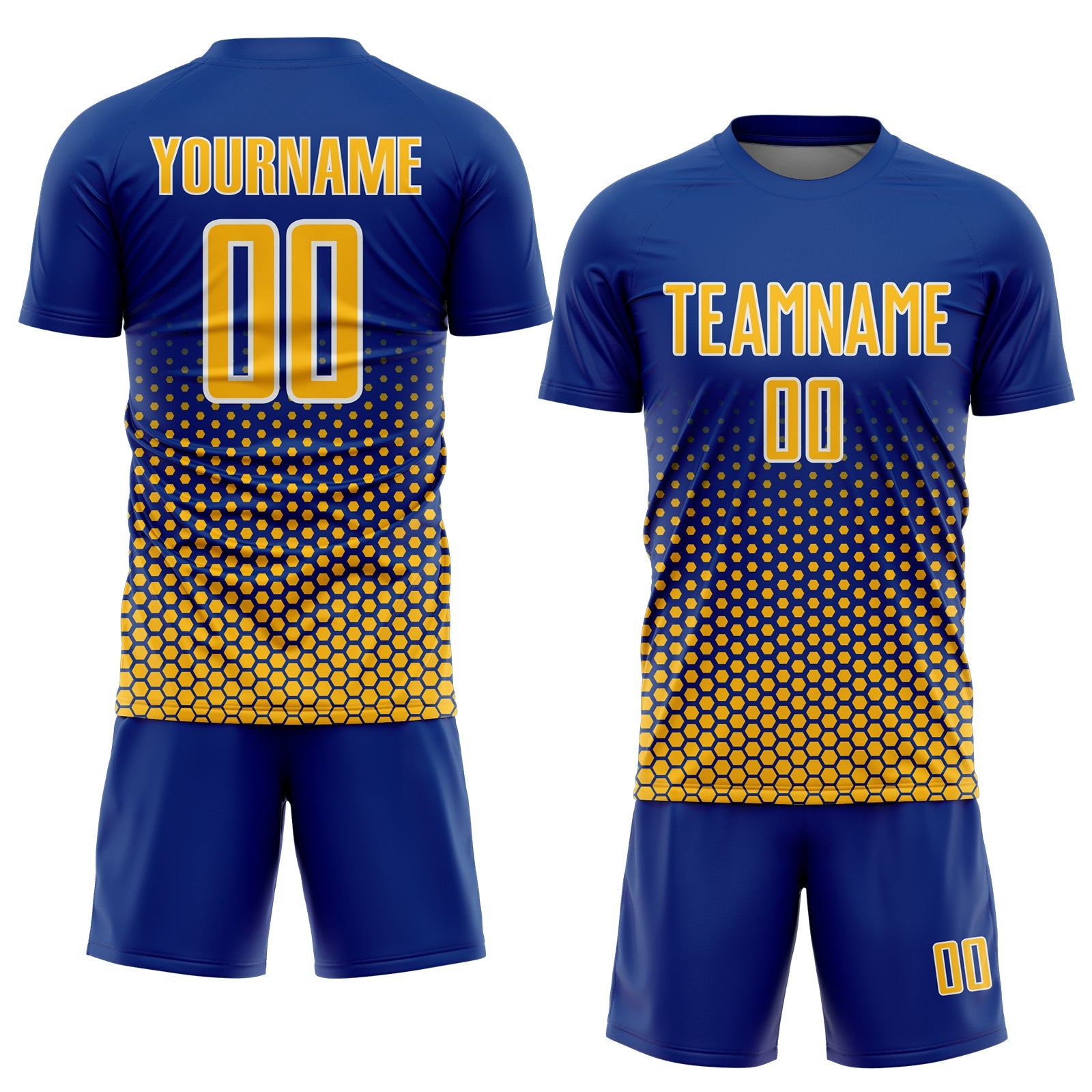 Custom Royal Gold-White Geometric Hexagonal Dot Gradient Sublimation Soccer Uniform Jersey view 2