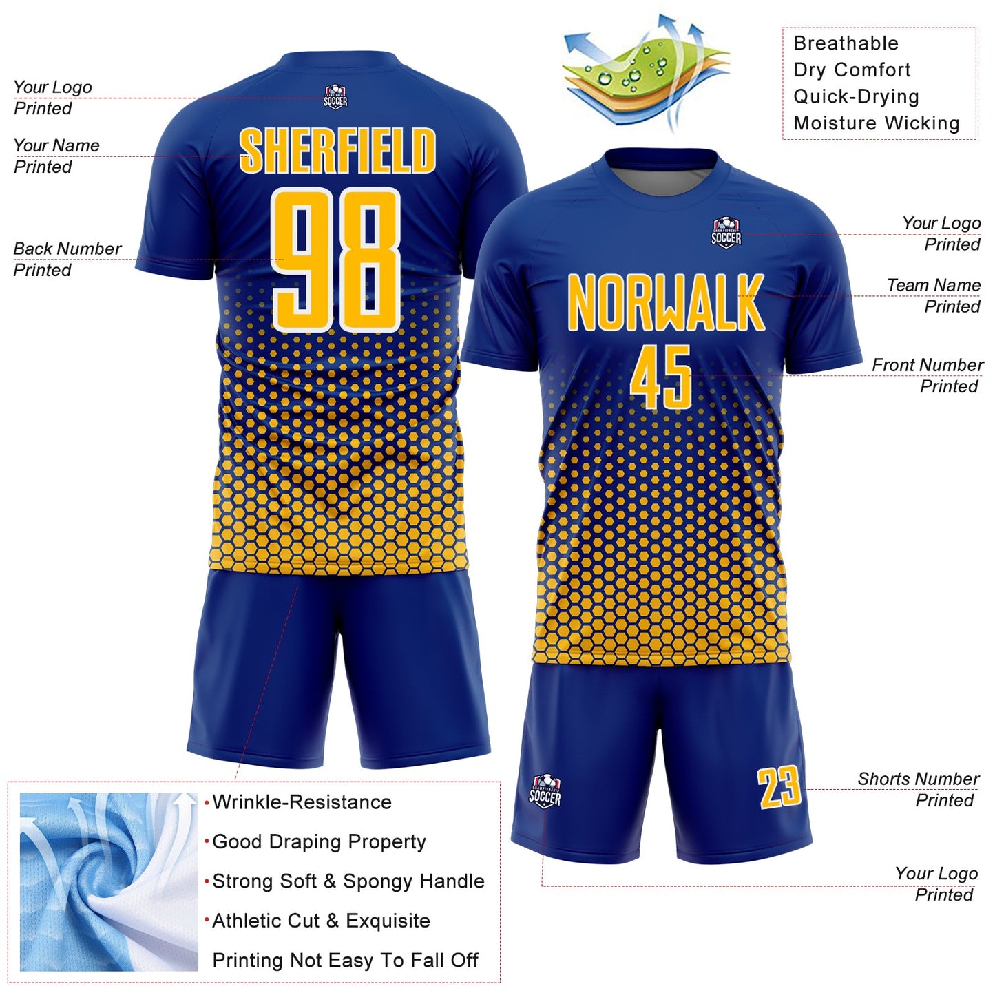 Custom Royal Gold-White Geometric Hexagonal Dot Gradient Sublimation Soccer Uniform Jersey view 4