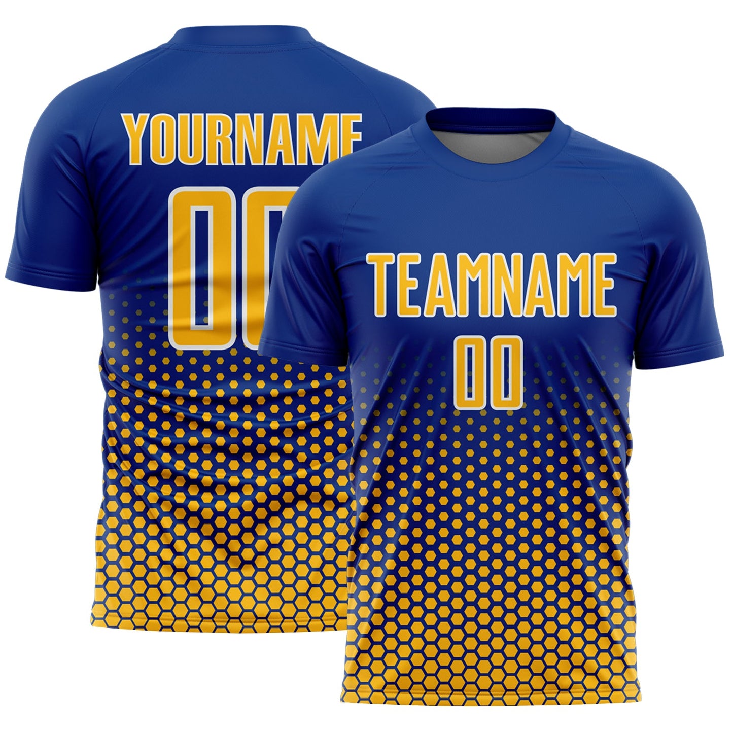 Custom Royal Gold-White Geometric Hexagonal Dot Gradient Sublimation Soccer Uniform Jersey - Main View
