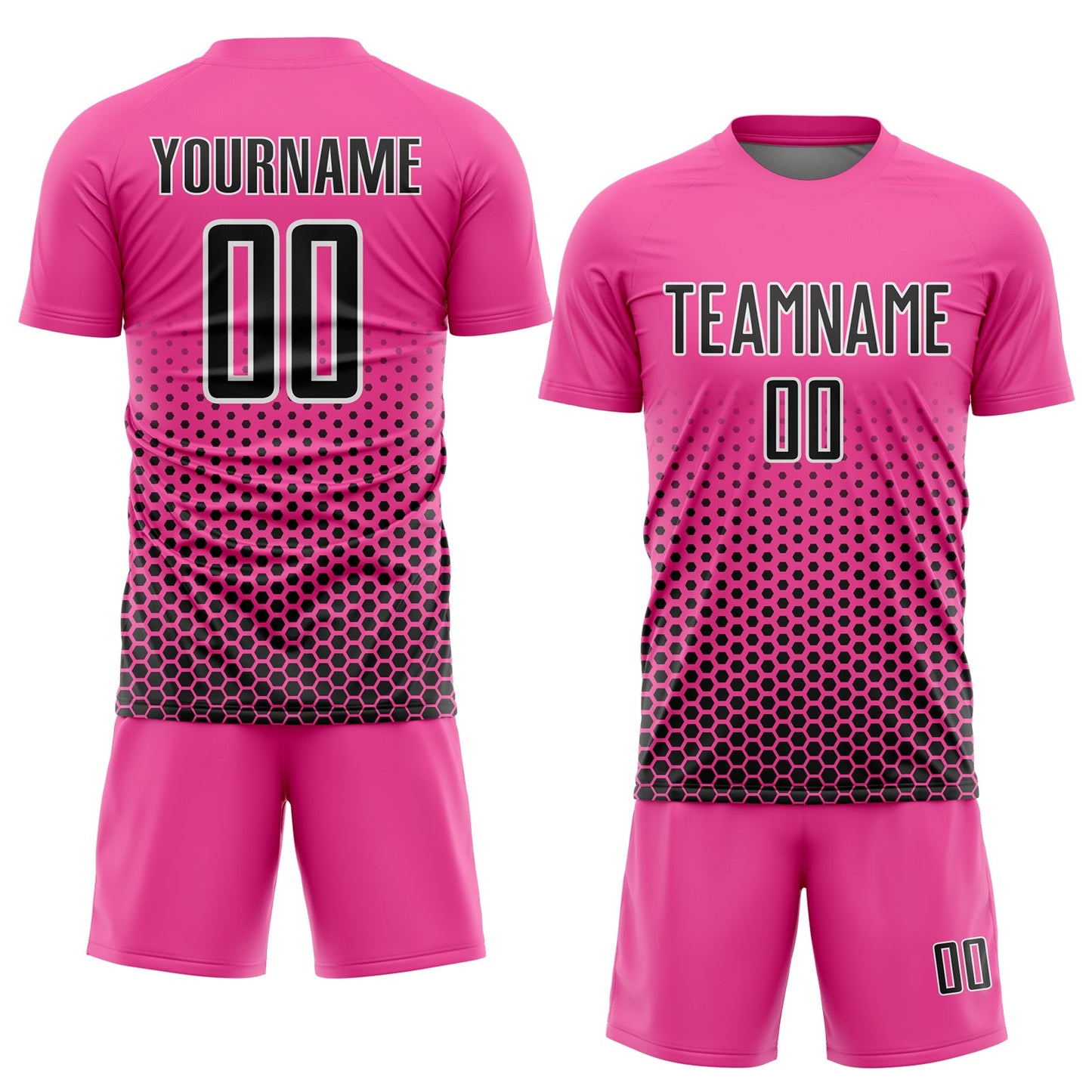 Custom Pink Black-White Geometric Hexagonal Dot Gradient Sublimation Soccer Uniform Jersey view 2